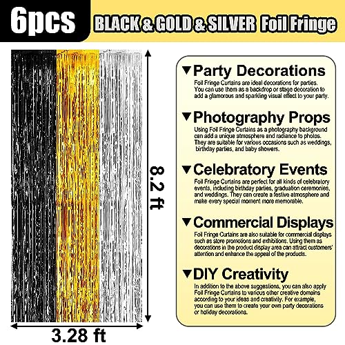 Image of 6 Pack Black Gold Silver Foil Fringe Curtain Backdrop, 3.28Ft x 8.2Ft Metallic Tinsel Foil Fringe Streamer Curtains for Photo Booth, Christmas Day, Thanksgiving, Wedding, New Year Party Decorations