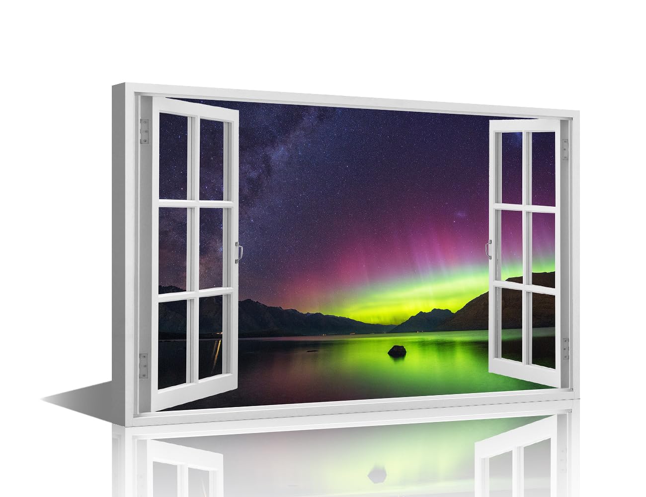 TISHIRON Aurora Australis Painting Posters 3D Window View House Deocration for Living Room Stars Canvas Prints Wall Decor Office Bedroom Modern Artwork Giclee Framed Ready to Hang - 18x12in