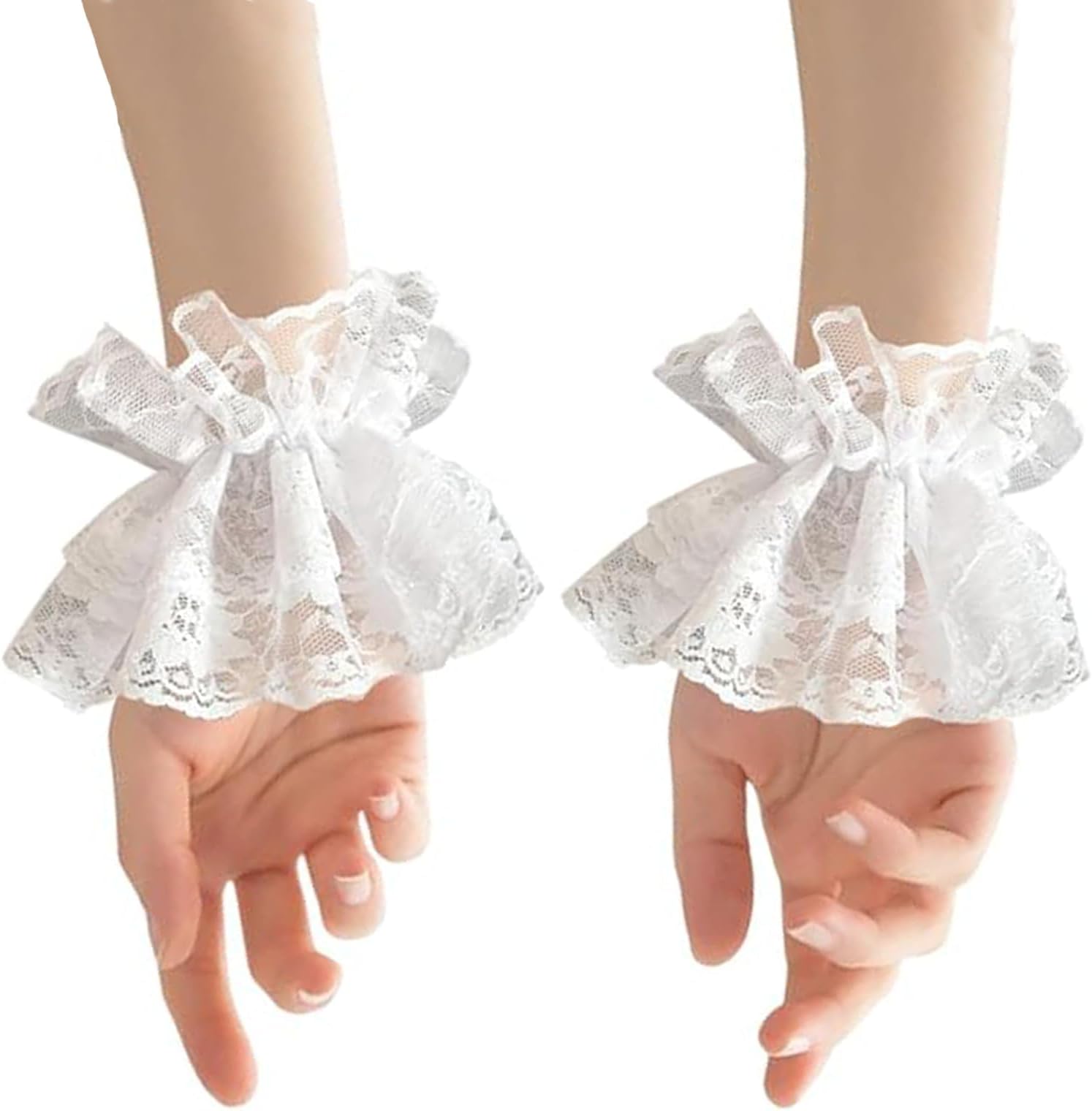 Elegant White Lace Ruffle Gloves for Women, Decorative Wrist Cuffs Hand Sleeves for Wedding, Costume Parties, Formal Events, and Masquerade, Everyday Accessories