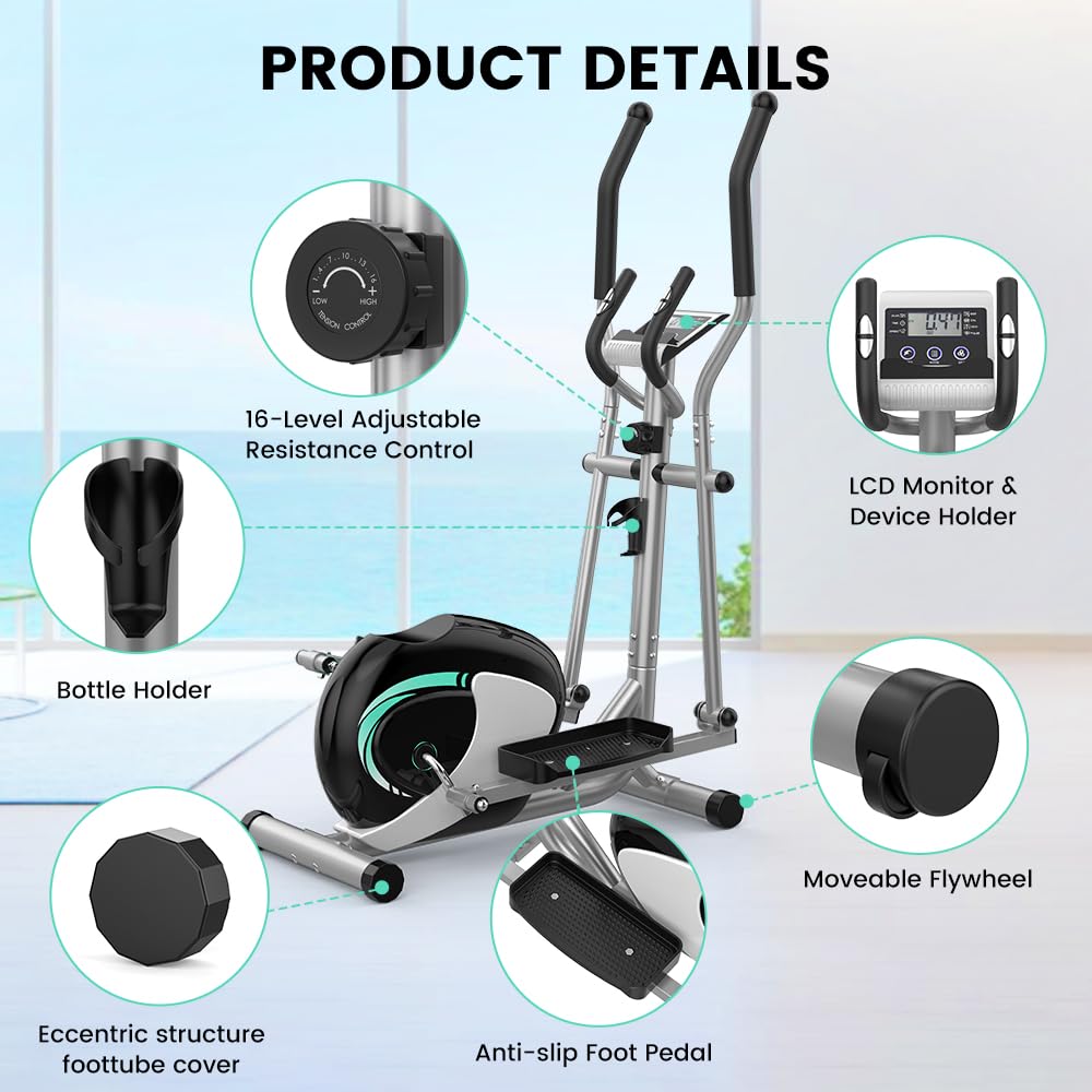 Dripex Crosstrainer für zuhause, Magnetisch Ellipsentrainer, Ultraleiser Crosstrainer mit 16-stufiger Widerstand, 6KG Schwungrad, Pulssensor, LCD Monitor, Gerätehalterung, Transporträder (Grün)