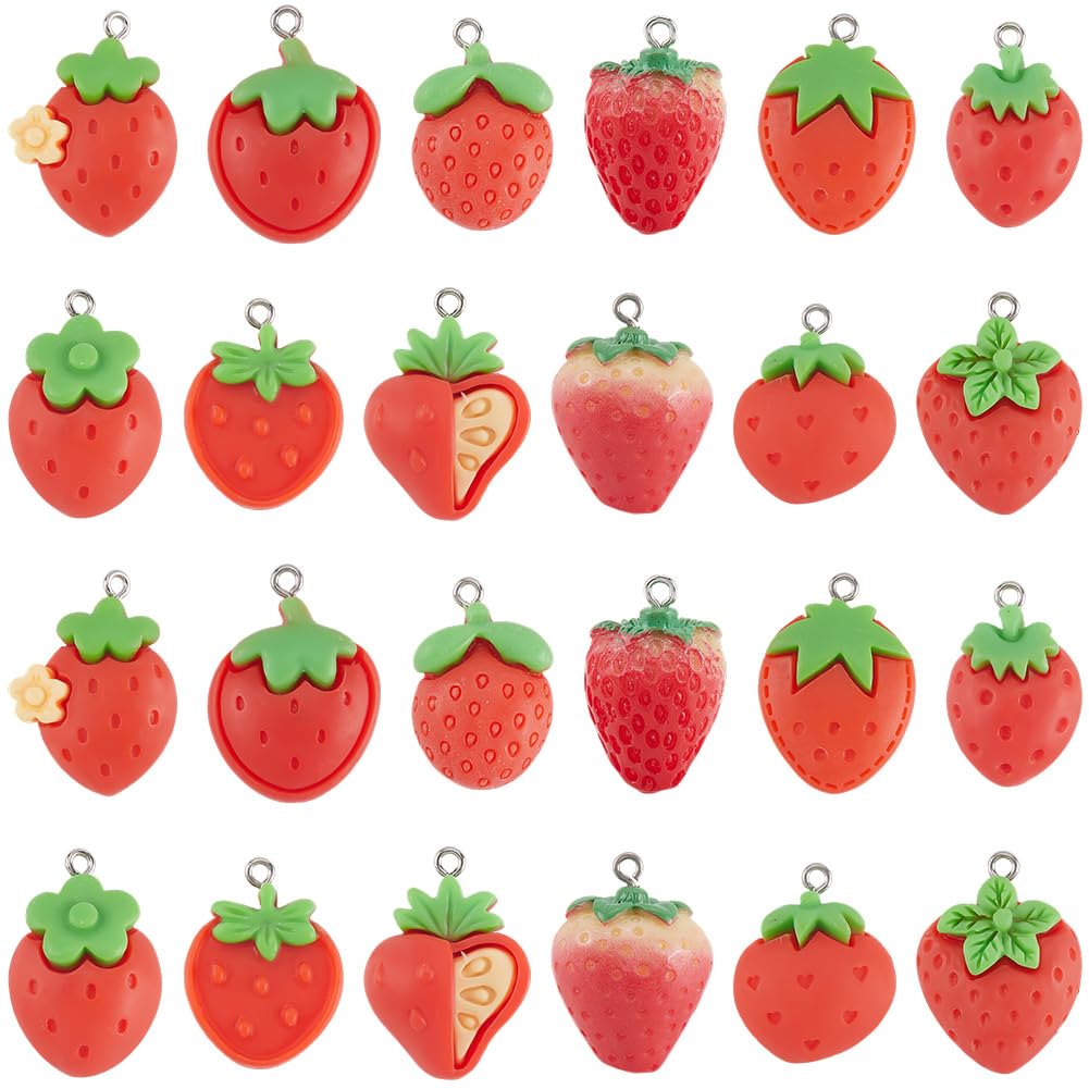 SUNNYCLUE Lot de 4 mini Breloques en Résine en Forme de Fraise Pendentifs en Résine 48pcs Opaques avec Boucles en Fer Platine pour Bracelets Colliers Boucles D'Oreilles Accessoires de Fabrication de
