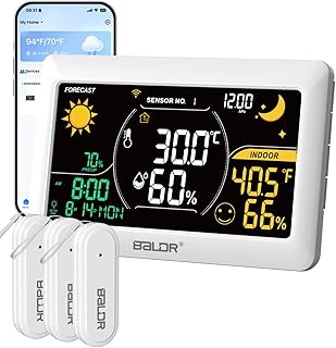 BALDR WLAN-Wetterstation mit App, 7,5-Zoll-Farbdisplay, 3 drahtlose Sensoren, kabellose Wetterstation für drinnen und draußen mit Echtzeit-Internetvorhersage