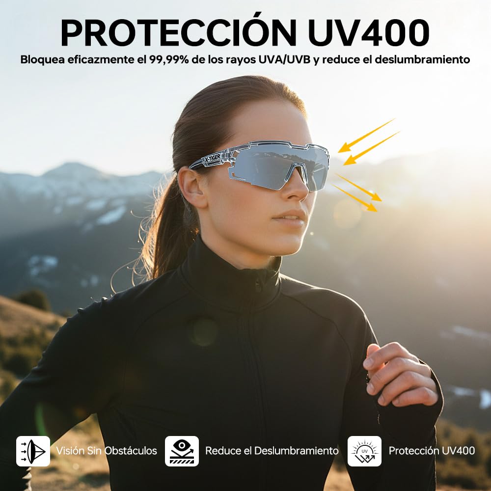 X-TIGER Gafas de Ciclismo para Hombre y Mujer, Montura TR90 Ultraligera, Gafas Deportivas Polarizadas con Protección UV400, Ideales para Correr, Pescar, Conducir y Deportes al Aire Libre