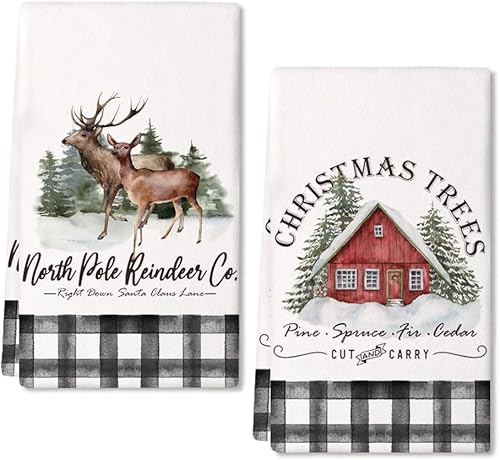 ARKENY AD092 - Juego de 2 paños de cocina de Navidad, diseño de árbol de renos de búfalo negro, 18 x 26 pulgadas, decoración del hogar de granja