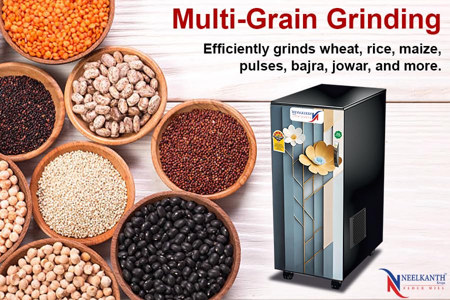 Image of Fully Automatic Domestic Atta Chakki Flour Mill with Inbuilt Vacuum | 8-10 Kg /Hr Grinding | 4.5 Kg Hopper | 2880 RPM | Grinds 50+ Grains & Spices | 7-Year Motor & Lifetime Chamber Warranty (Tulip)