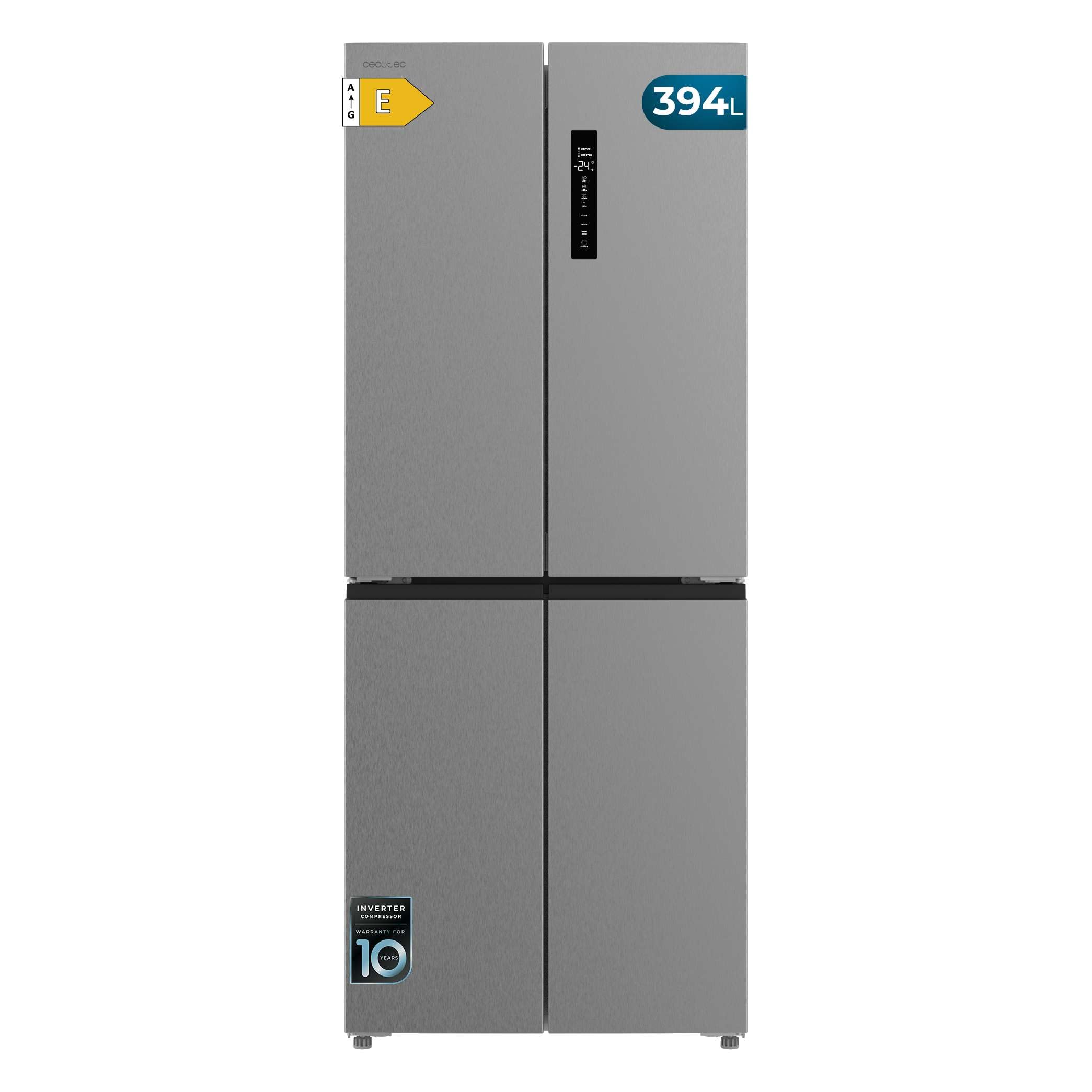 Cecotec Frigorifero 4 Porte Total No Frost Bolero CoolMarket 4D 394 Inox E. 394 Litri, Altezza 170 cm e 70 cm Larghezza, Cassetto Temperatura Variabile, Compressore Inverter, ATT Antibatterico