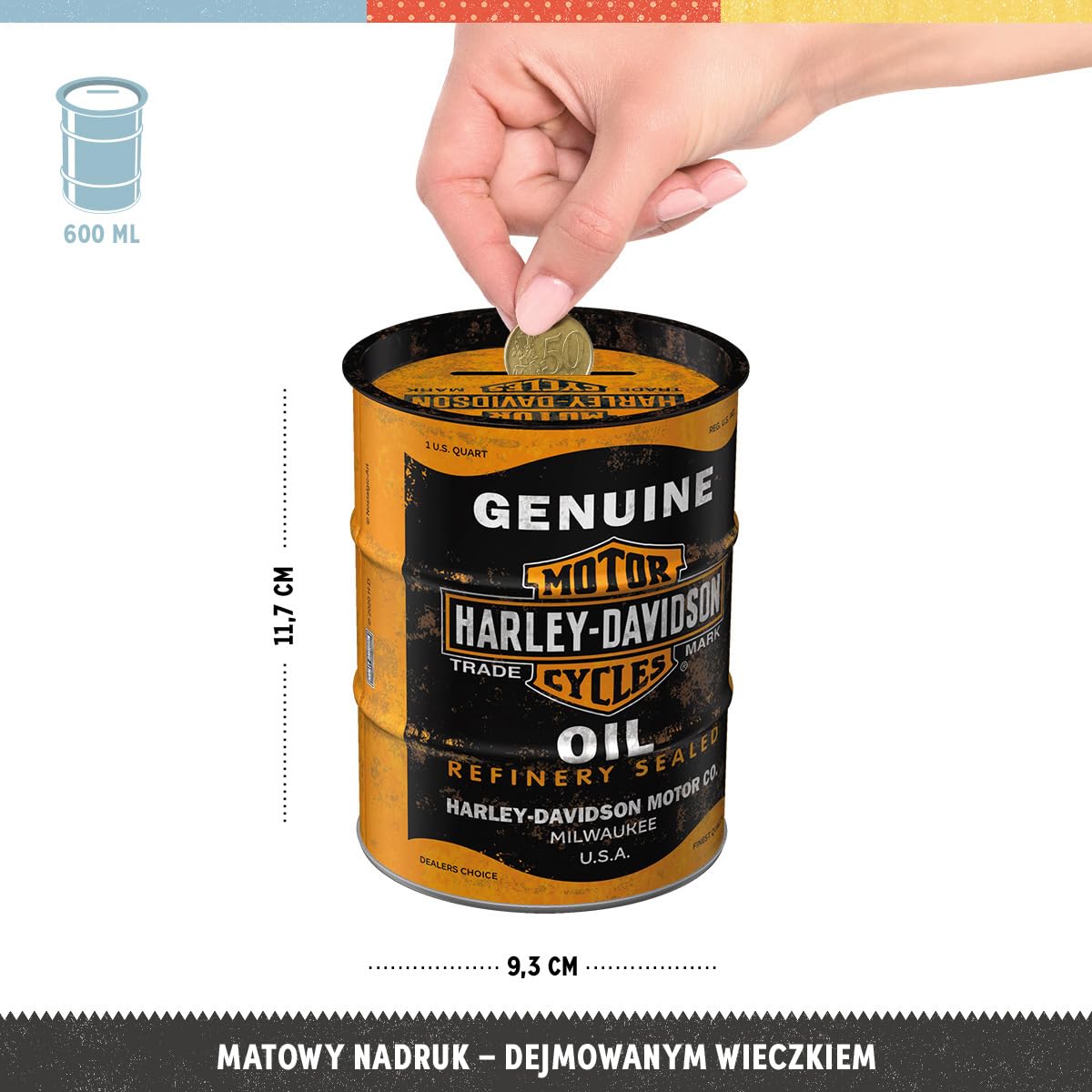 Nostalgic-Art Retro skarbonka, 600 ml, Harley-Davidson – Genuine Oil – Pomysł na prezent dla motocyklistów, Official License Product (OLP), metalowa skarbonka, Styl vintage