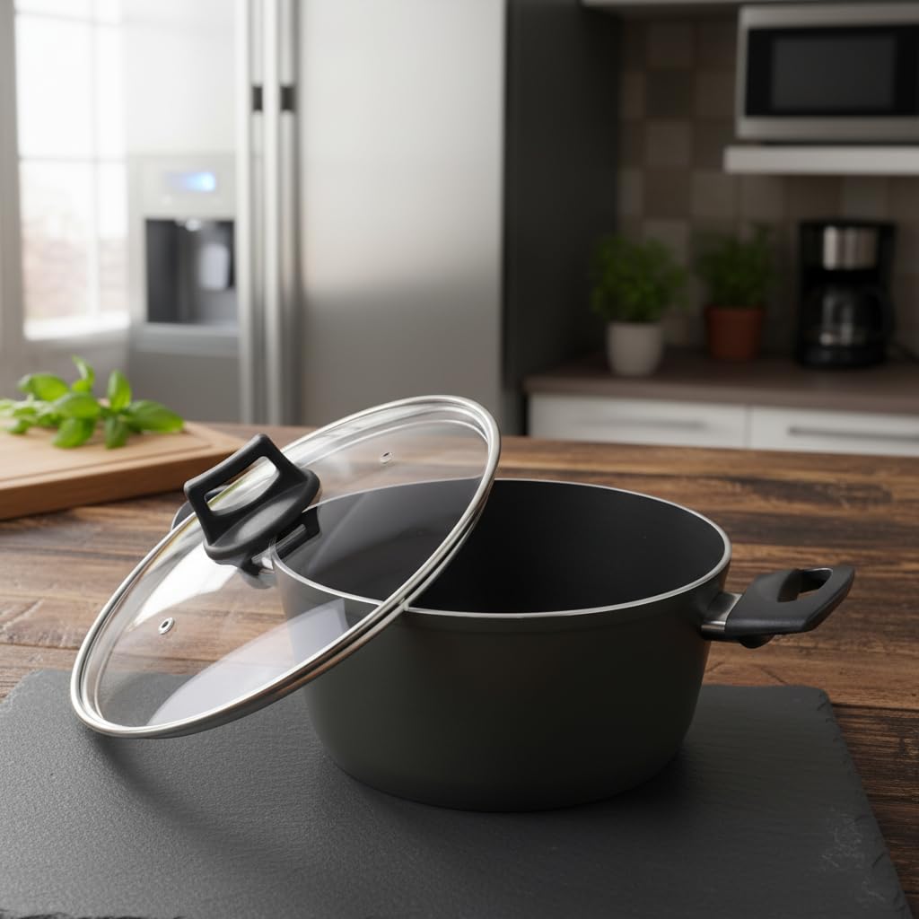 Papilla Buzz 22 cm Derin Tencere - Yeşil Siyah Granit Efektli Yanmaz Yapışmaz Cam Kapaklı Yemek Tenceresi