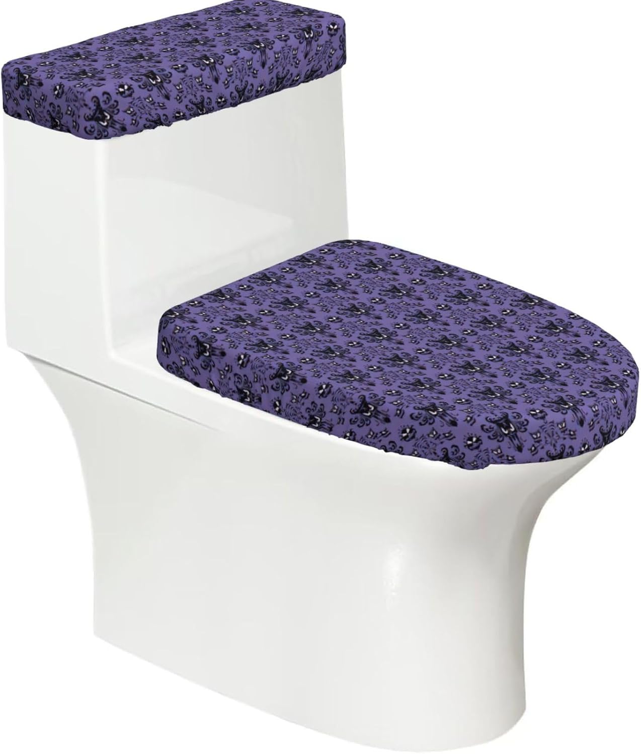 2 Pcs Haunted Mansion Print Toilet Lid Cover And Toilet Tank Lid Cover Set, Soft Stretchable Bathroom Covers, Fits Round And Elongated Toilet Seats, Washable And Decorative