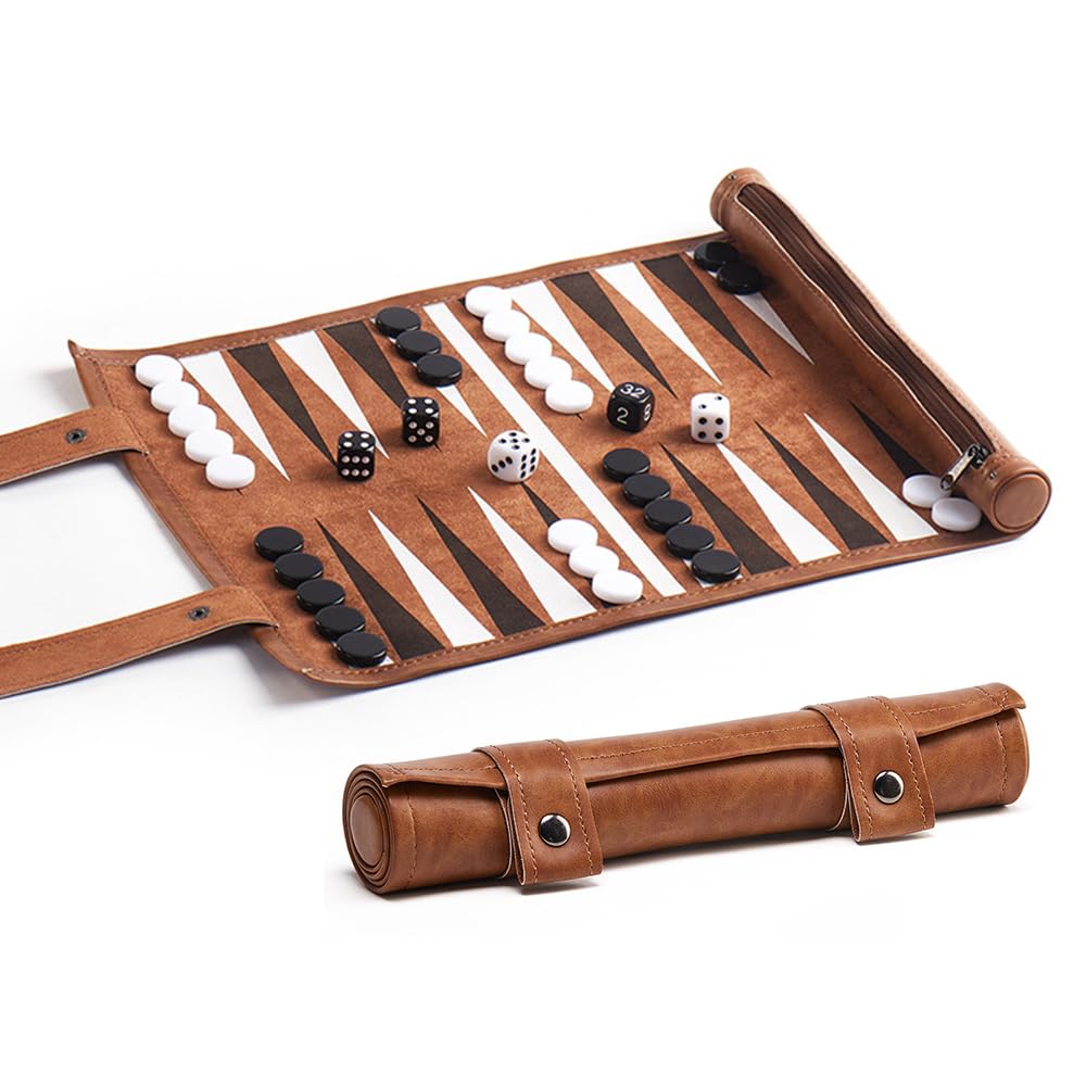 Backgammon de Voyage, Set de Backgammon avec Pierres et Dés, Jeu de Voyage à Enrouler pour Les Voyages et Les Déplacements, Extérieur en Cuir, Haute Qualité