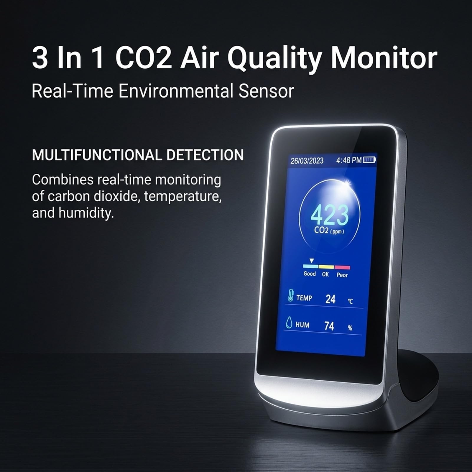 Detector de Dióxido de Carbono con Tecnología NDIR, Monitoreo en Tiempo Real, Función de Alarma Sonora, Medidor de CO2 con Batería de 3000mAh para Espacios Interiores