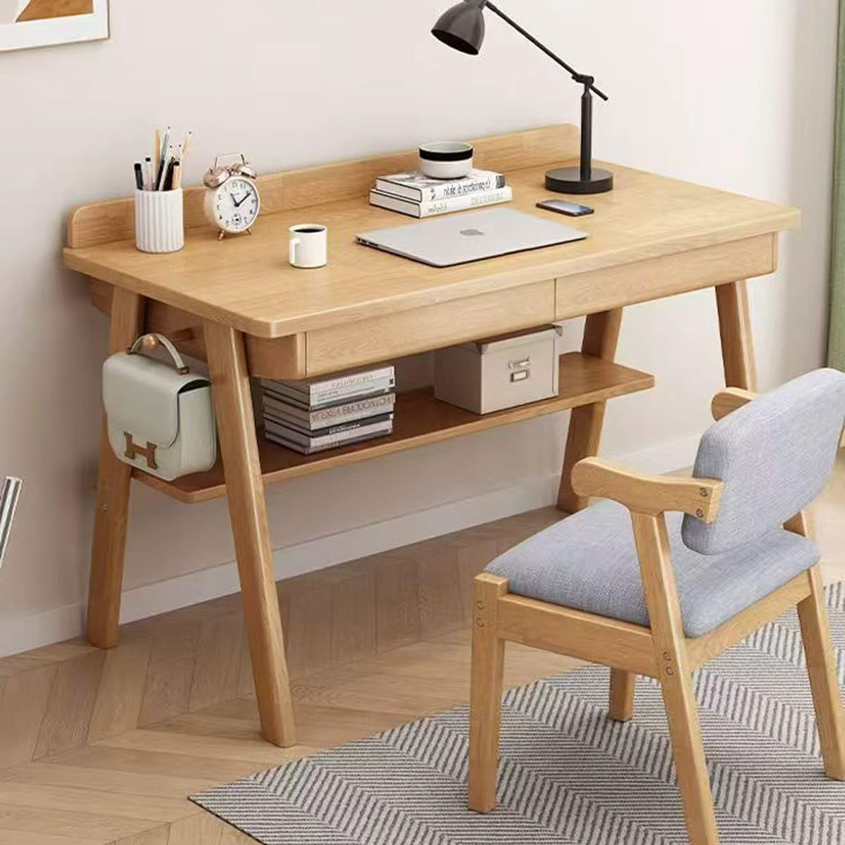 Scrivania per casa, ufficio, postazione di lavoro, scrivania per computer Mid-Century moderna in noce con 2 cassetti e ripiani (colore legno, sedia)