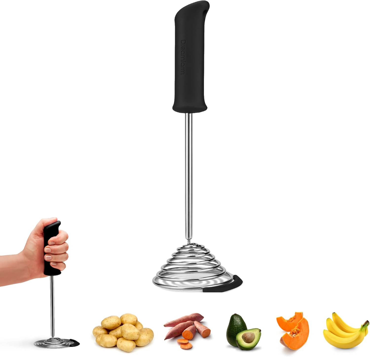 Dreamfarm Smood One-Handed & Ergonomic Soft-Grip, Stainless-Steel Vegetable & Potato Masher with Silicone Bowl Scraper - Black
