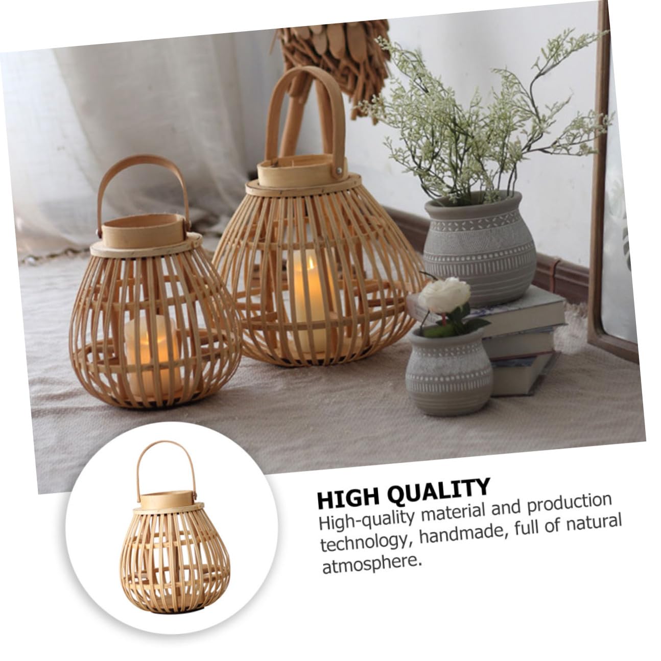 Candelabro Tejido de Bambú Beige Hecho a Mano, Estilo Linterna | Decoración del Hogar y Fiestas, Madera y Bambú, Incluye Velas, Tono Retro de Atmósfera Natural