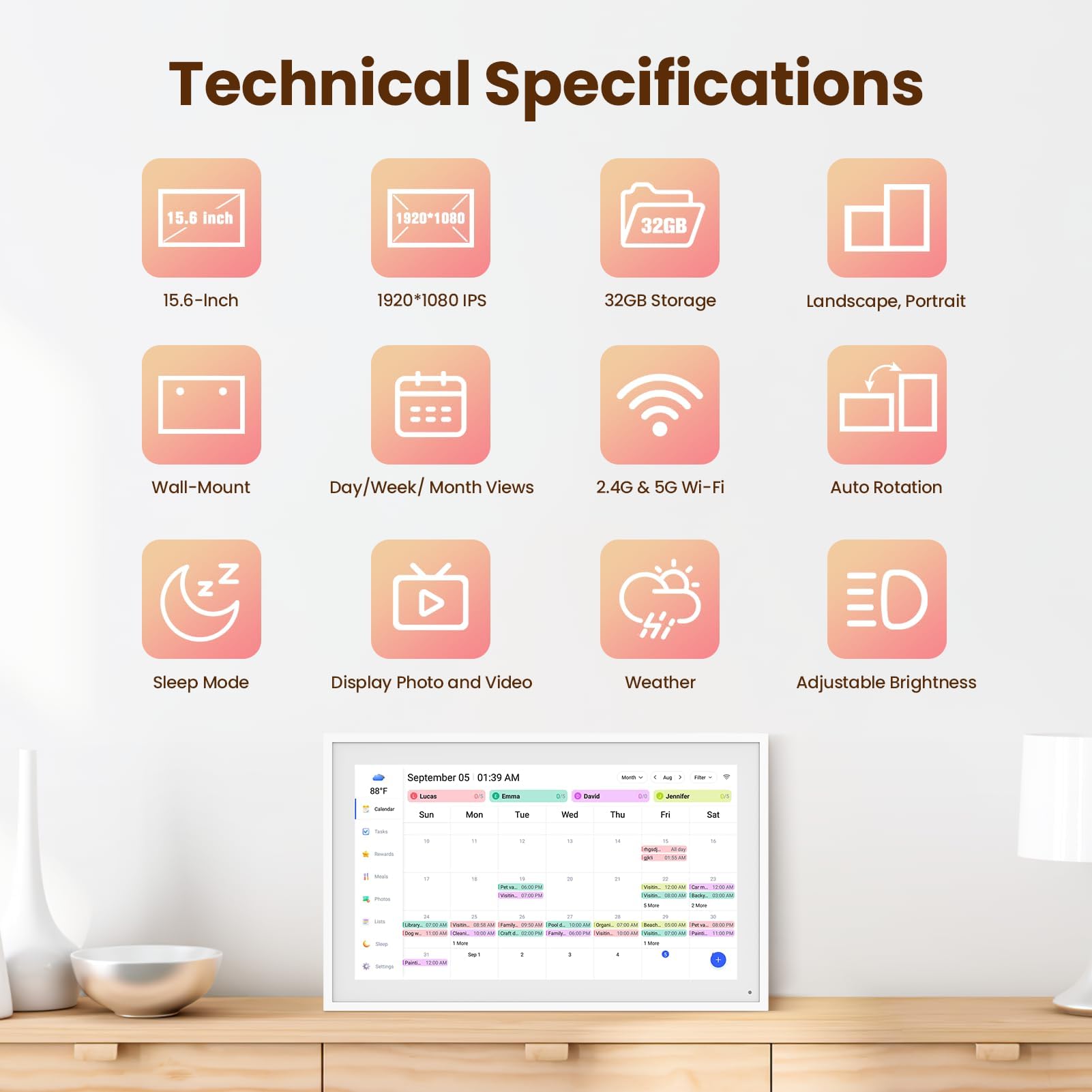 Skyzoo 15.6-Inch Digital Calendar – Schedule, Chore Chart, Meal Planner, Task Rewards System, Family Photo Display, Syncs with Online Calendars, Horizontal, Vertical & Wall-Mount