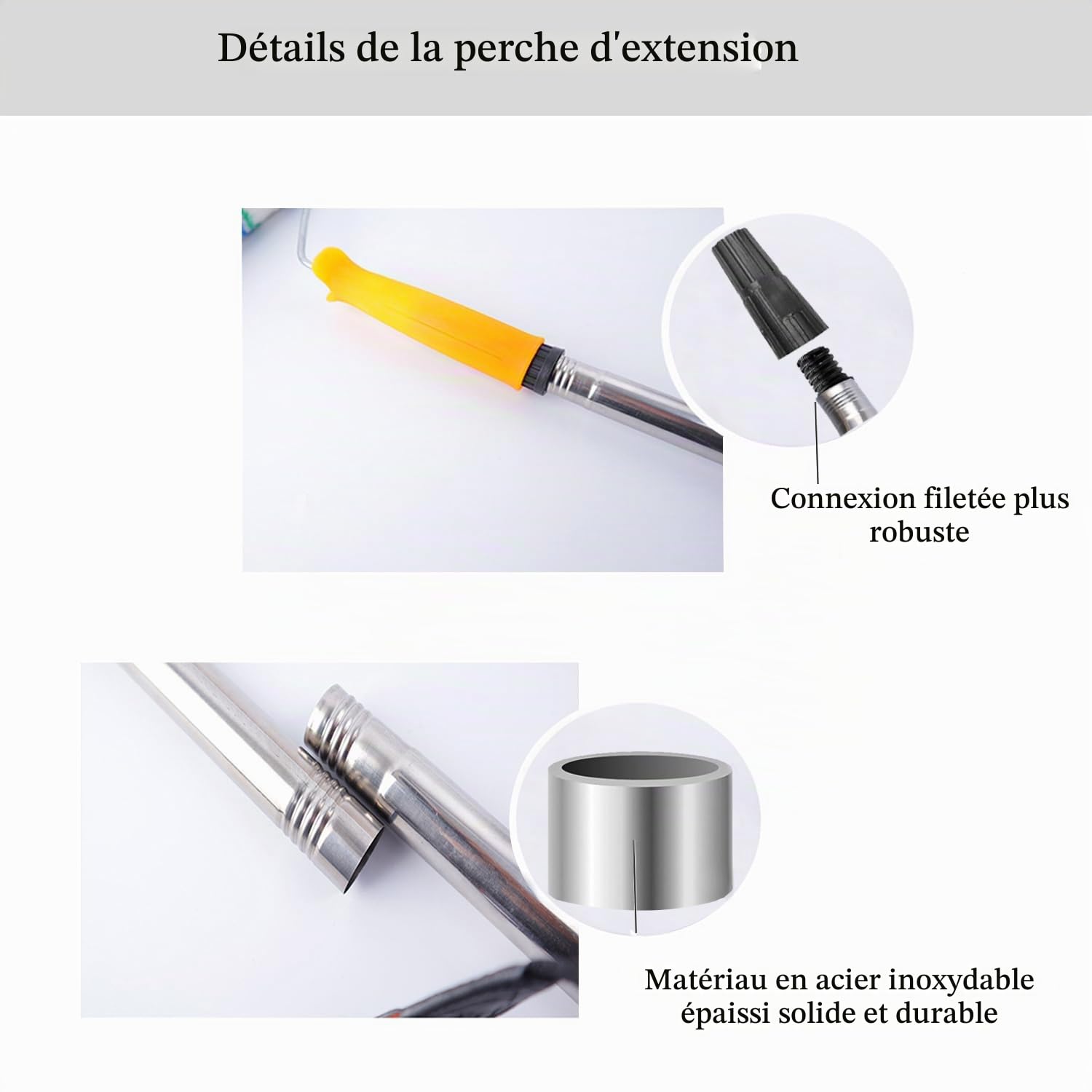Rouleau de peinture extensible de 2,8 m, 7 sections en acier inoxydable avec adaptateur conique, réglable (80 cm-280 cm) pour peindre les murs, les plafonds, les sols et le nettoyage des fenêtres