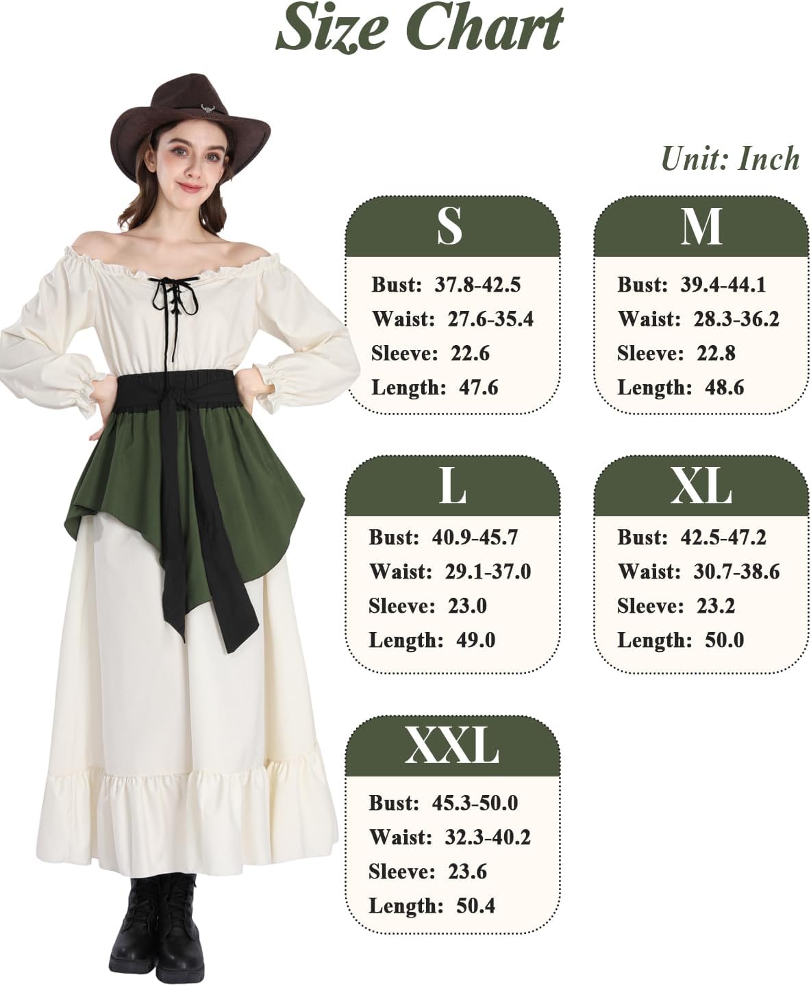Nuoqi Renaissance Dress Women Off Shoulder Medieval Costume Peasant Dress with Waist Sash