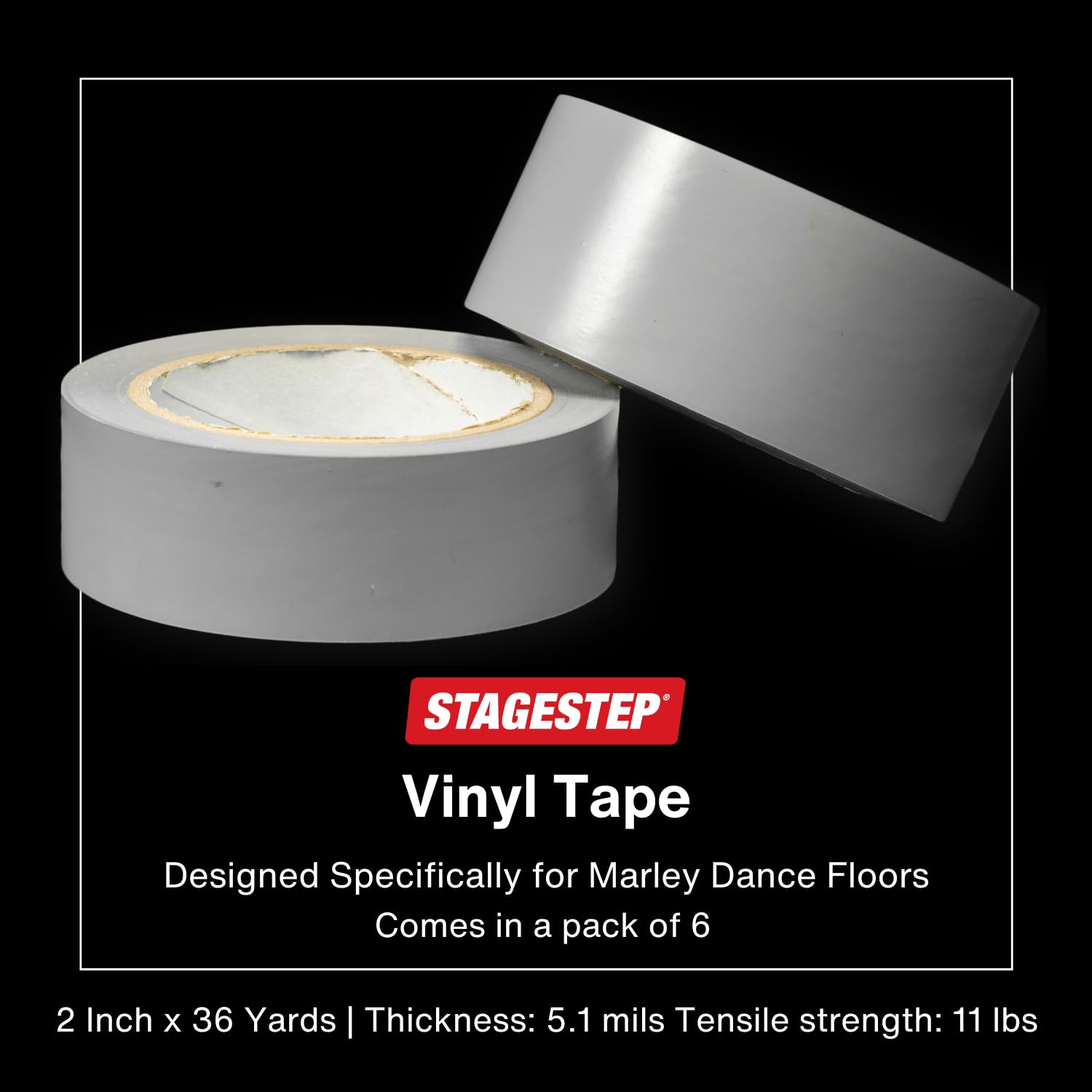 Superior Dance Floor Vinyl Tape, 2 Inch x 36 Yards, 6 Rolls of Grey Floor Top Tape, Designed Specifically for Marley Dance Floors