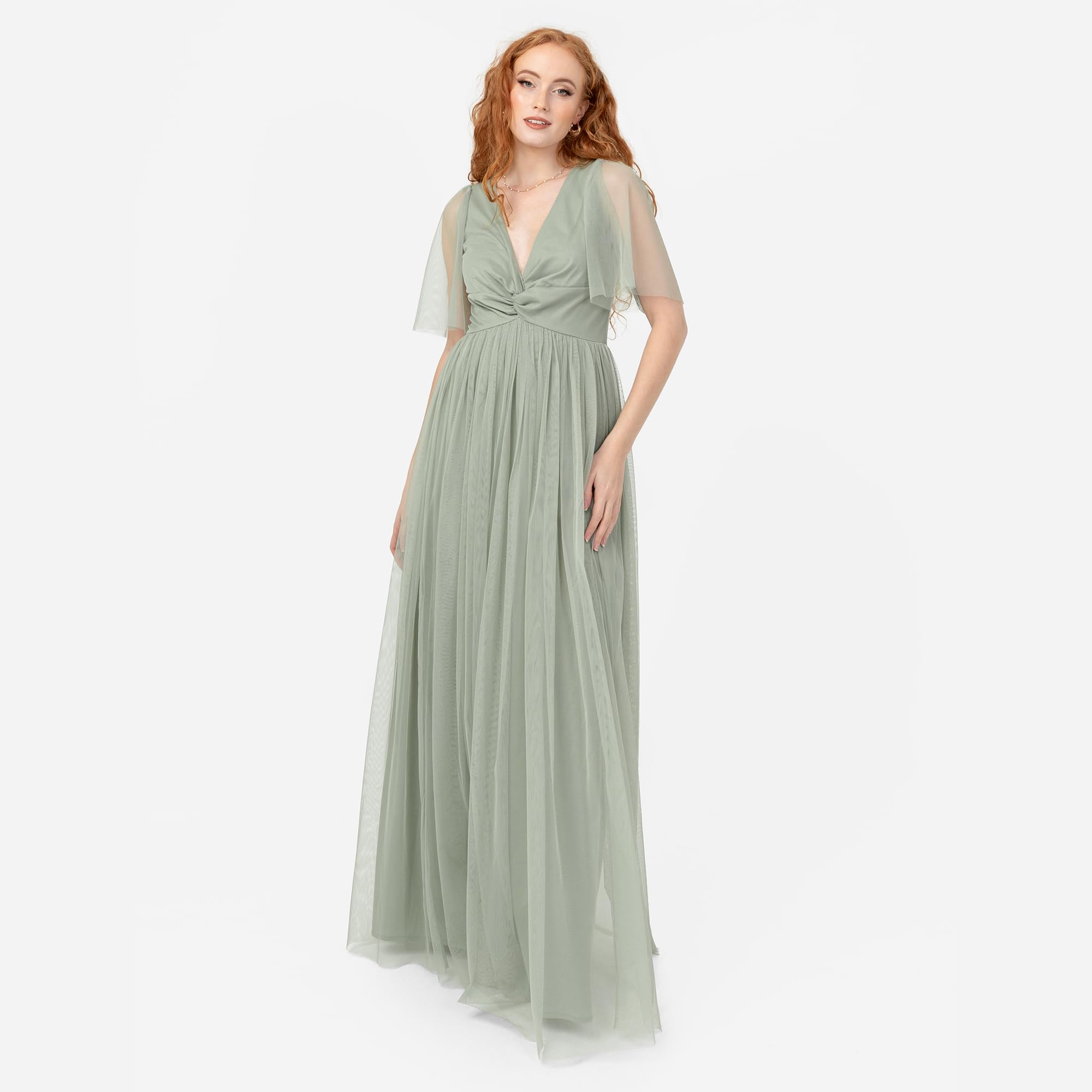 Anaya with Love Women's Maxi Dress Ladies Short Flutter Sleeve V-Neck Twist Front Empire A-Line Tulle Bridesmaid Wedding Guest Prom Vestido Mujer (Pack de 1)