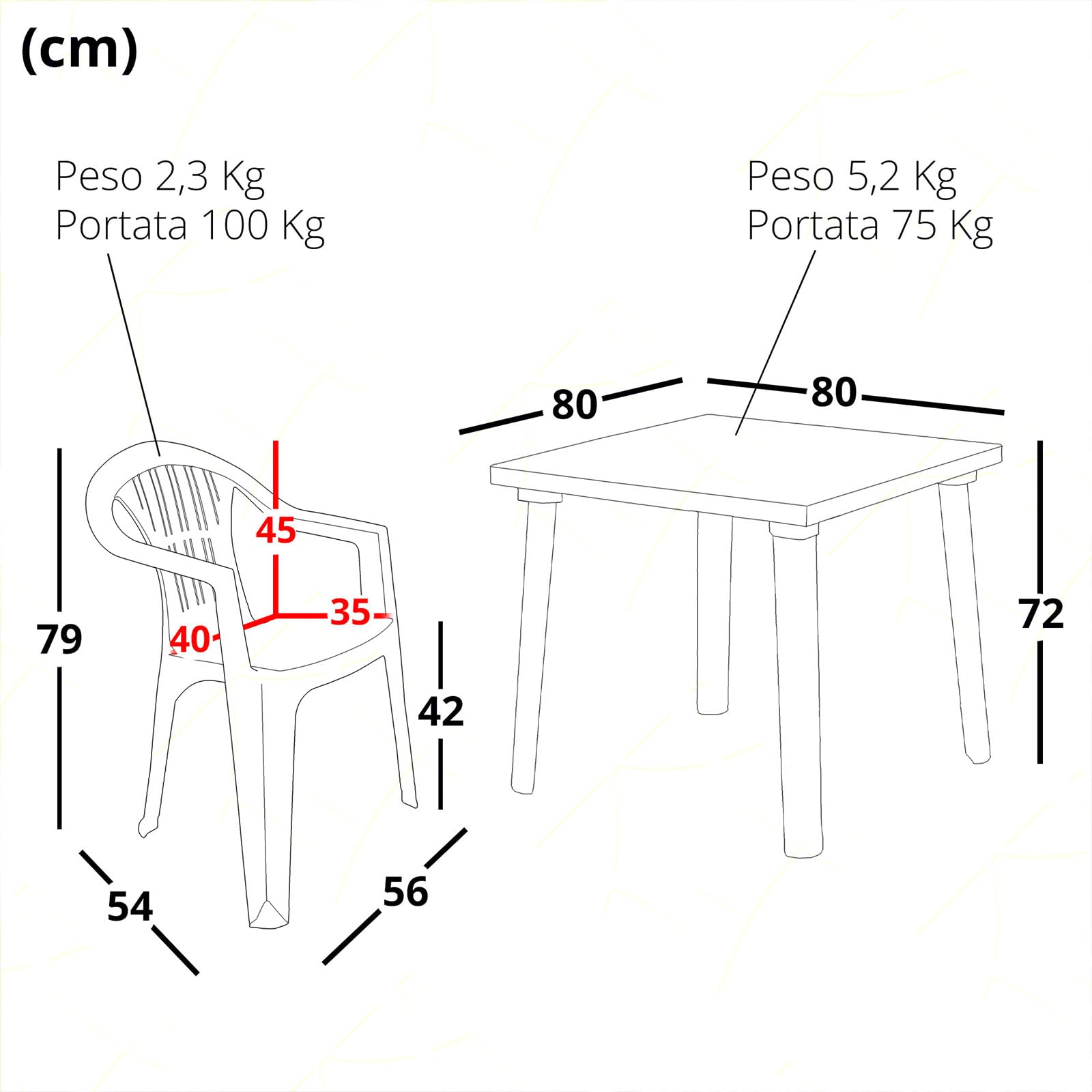 Sicignano - Lot de 4 fauteuils Ratak avec table carrée week-end 80 x 80 cm - polypropylène empilable avec accoudoirs facile à installer, mobilier intérieur extérieur jardin fabriqué en Italie