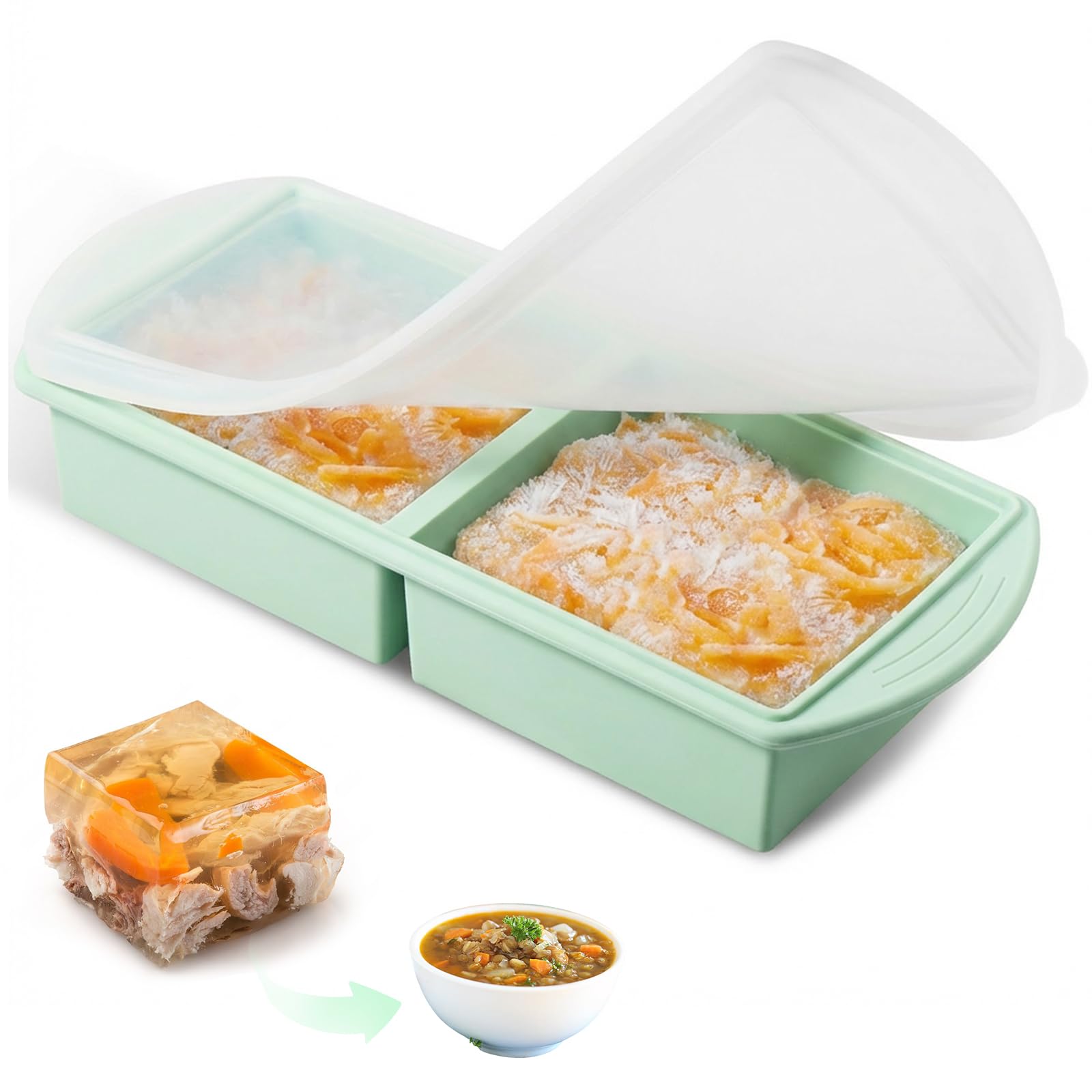 Soup Freezer Mold, Silicone Freezer Tray with Lid, 2 Compartment Food Portion Freezer Tray Meal Prep Soup Storage Containers Ice Cube Trays for Storing and Freezing Soup Broth Sauce