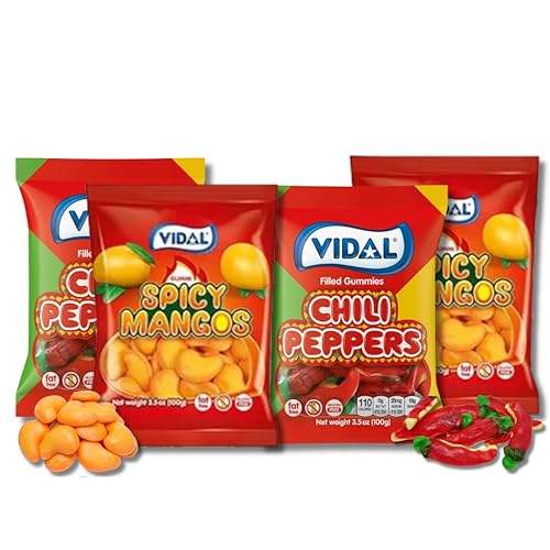 Spicy Lovers - Paquete de regalo de gomitas de mangos picantes y chiles de Vidal - Gomitas rellenas - Paquete de 4 (2 cada uno), bolsas de 3.5 onzas