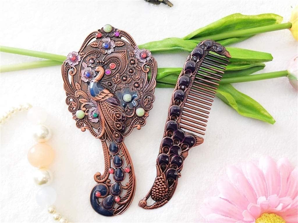 Vintage Hand Mirror,Hand Held Mirrors,Dressing Table Make up Mirror Chinese Vintage Hollow-Out Long Feathered Peacock Mirror Creative