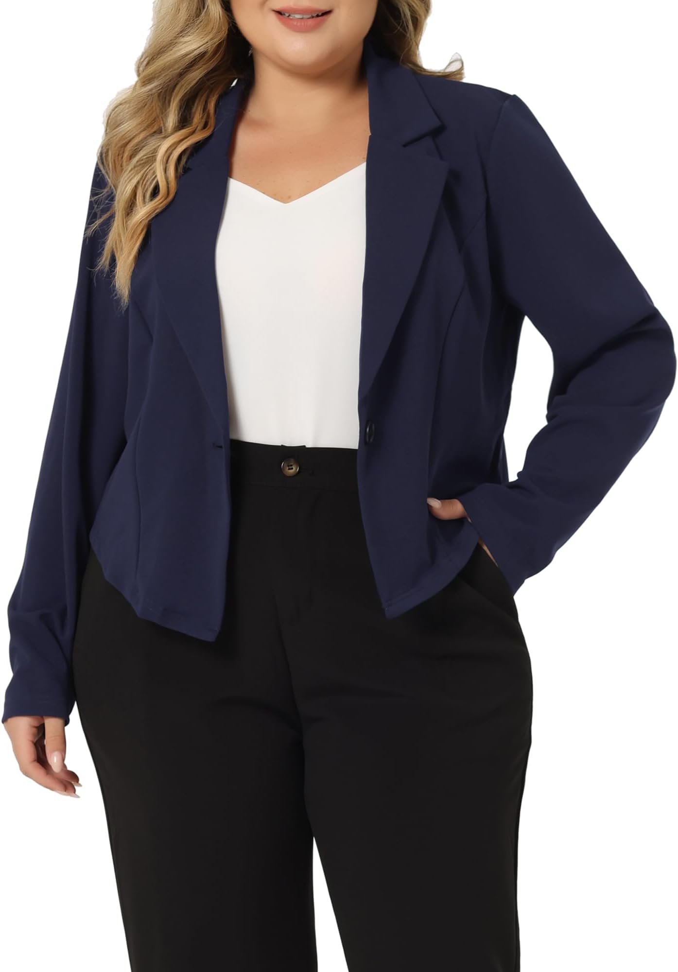 Women's Plus Size Blazer V Neck Button Notch Panel Business Cropped Blazers