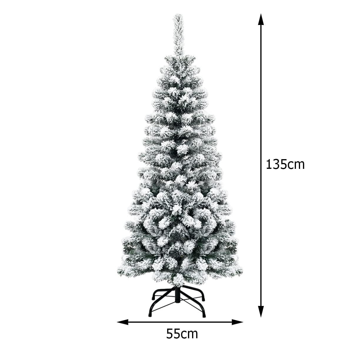 COSTWAY 135/180/225cm Bleistift Weihnachtsbaum mit Schnee und warmweißen LED-Leuchten, künstlicher Tannenbaum mit Metallständer, Christbaum PVC Nadeln, Kunstbaum Weihnachten Klappsystem Grün (135cm)