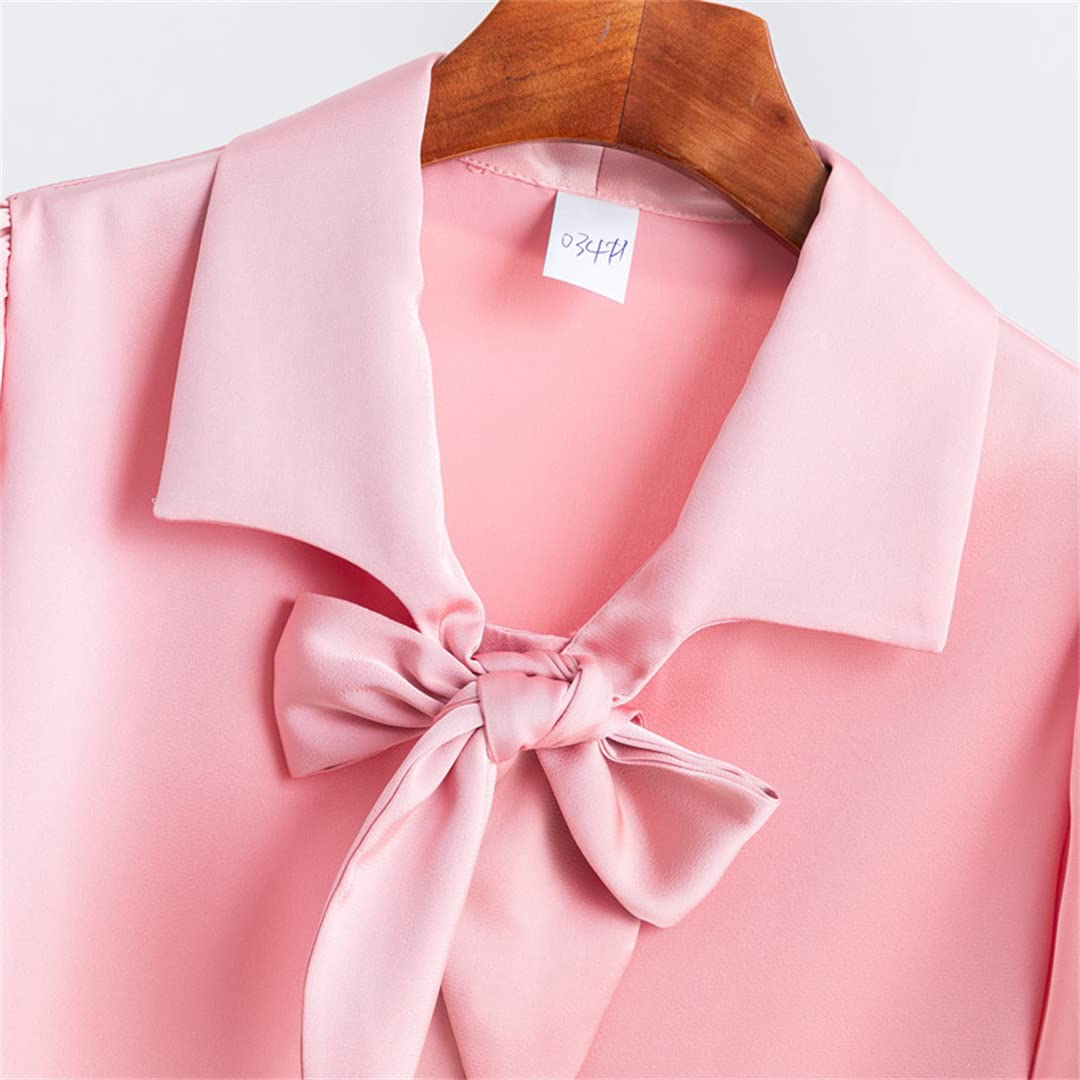 Camisa con Lazo para Mujer, Blusa Rosa de Manga Corta de Verano de Gasa, Blusas de Acetato, Camisa de Trabajo Holgada Informal para Mujer de Oficina