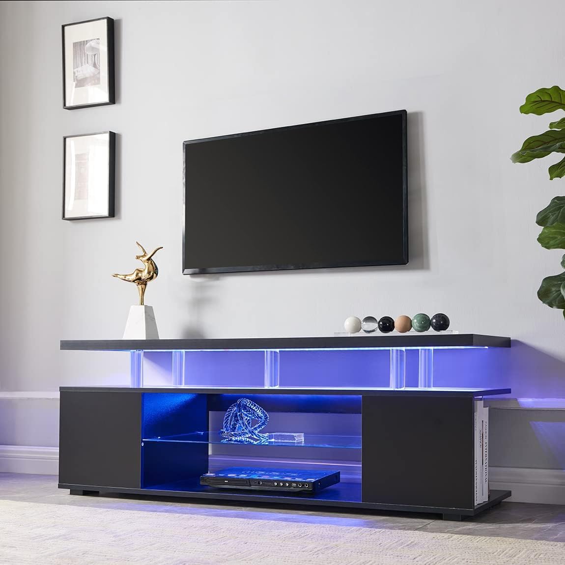 CITYLIGHT Modern TV Stand Multimedia Center for 70 Inch TV LED Gaming Entertainment Center Media Storage Console Table with Large Sliding Drawer & Side Cabinet, Black