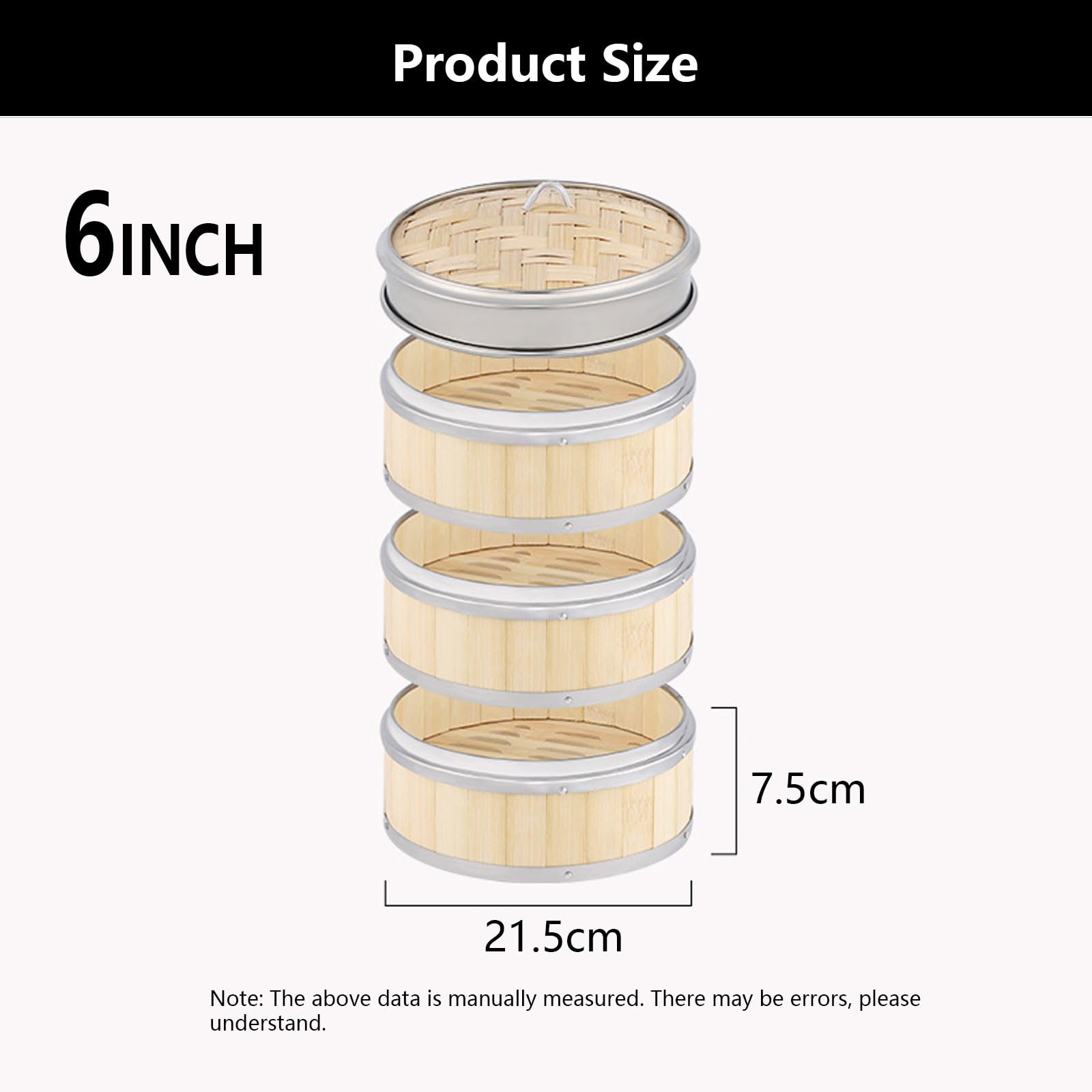 AIZYR Cesta Vaporera De Bambú con Tapa Cesta Vaporera China De 3 Niveles Cesta para Cocinar Al Vapor para Cocinar Dumpling, Dim Sum, Arroz, Pescado Cesta De Vapor,6 Inch