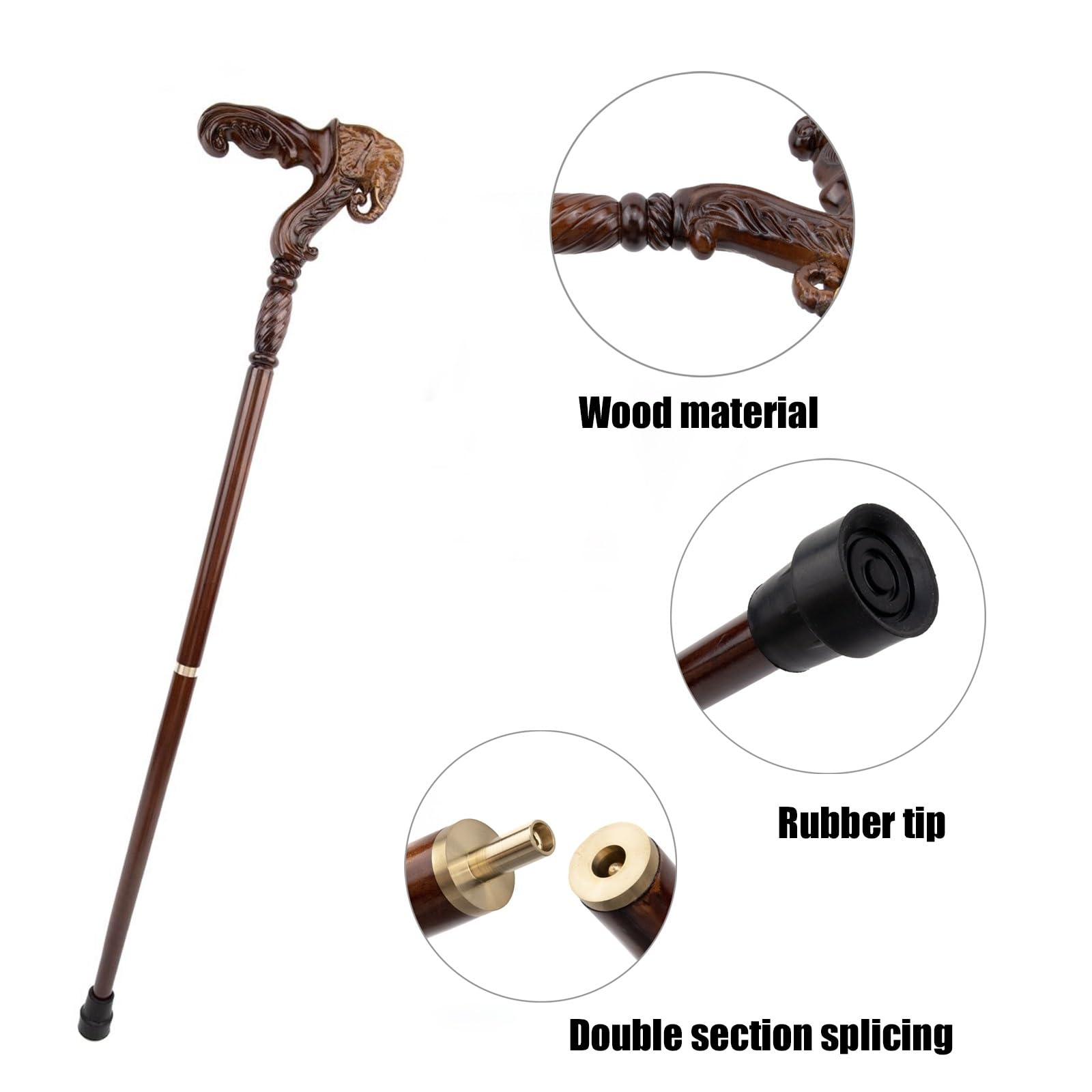Bastón de Madera de Elefante Marrón de 97 Cm, Mango Ergonómico Ideal para Hombres y Mujeres Mayores
