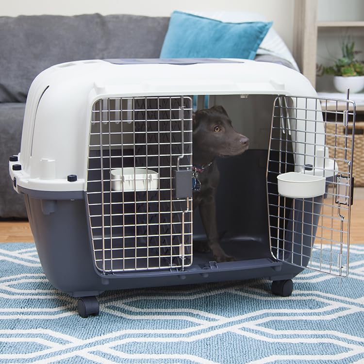 Image of SportPet Airline Compliant 2-Door Large 34.5 inch Travel Dog Kennel - Durable Plastic Pet Carrier w /Divider, Wheels, & Bowls, Collapsible Indoor /Outdoor Dog Kennel, Dogs up to 28 inch L & 20 inch H - Cream /Gray