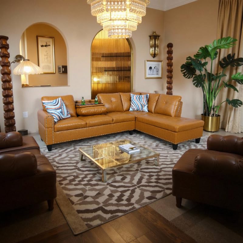 103.5 l shaped sectional couch, modern modular sectional sofa with chaise for living room and wear - resistant leather, reversible cup holder?ginger