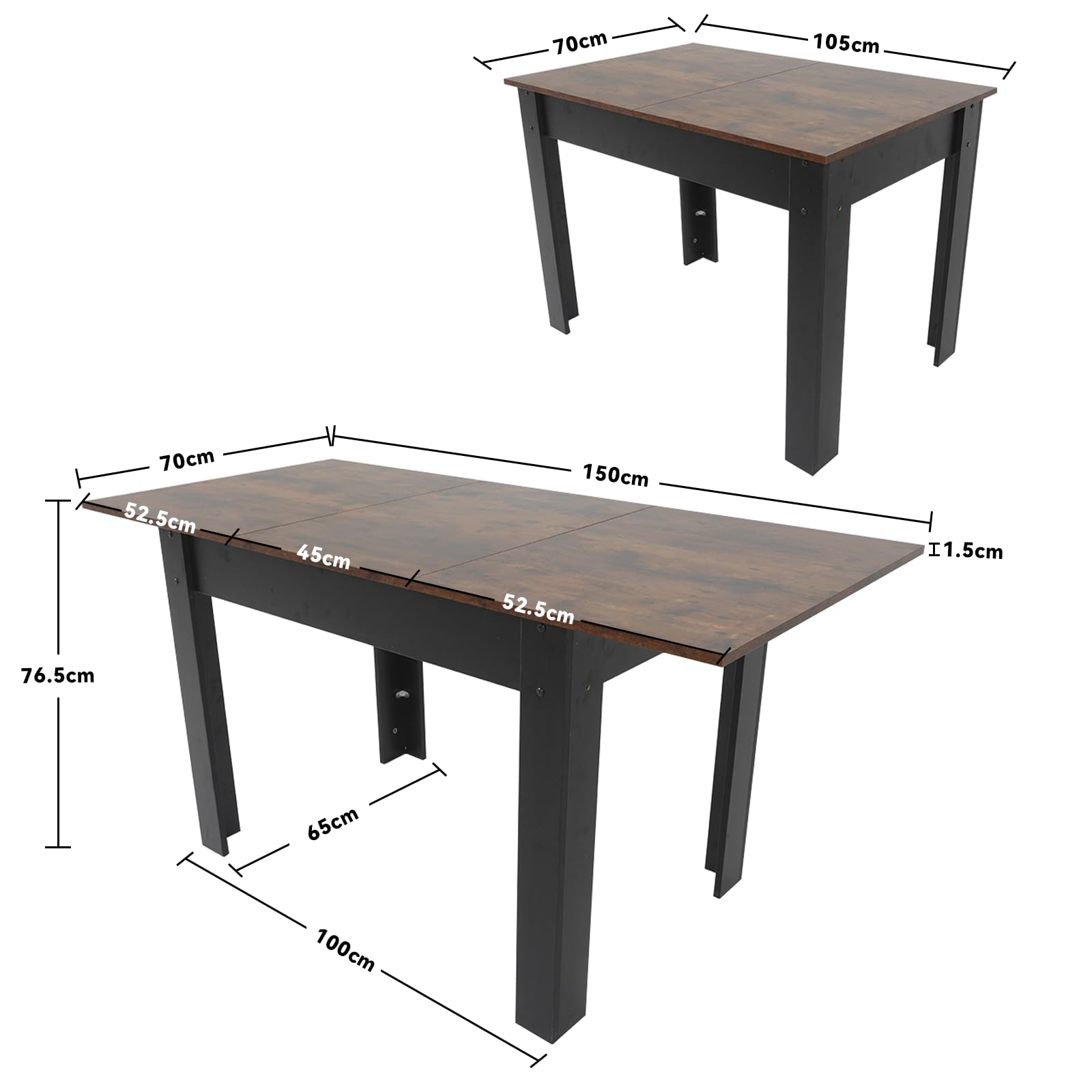 ARTETHYS Esstisch Ausziehbar 105/150x70 cm, Industrieller Küchentische Esszimmertisch, Rechteckiger Tischplatte für 4-6 Personen, Holztisch mit Metallbeinen, Tisch für Esszimmer, Küche, Wohnzimmer