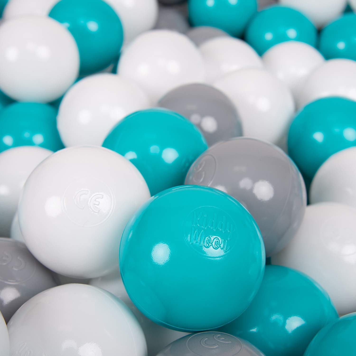 KiddyMoon Soft Plastic Play Balls 200 Balls/7Cm-2.75In Multi-Colour Made In EU, Grey/White/Turquoise — image 1