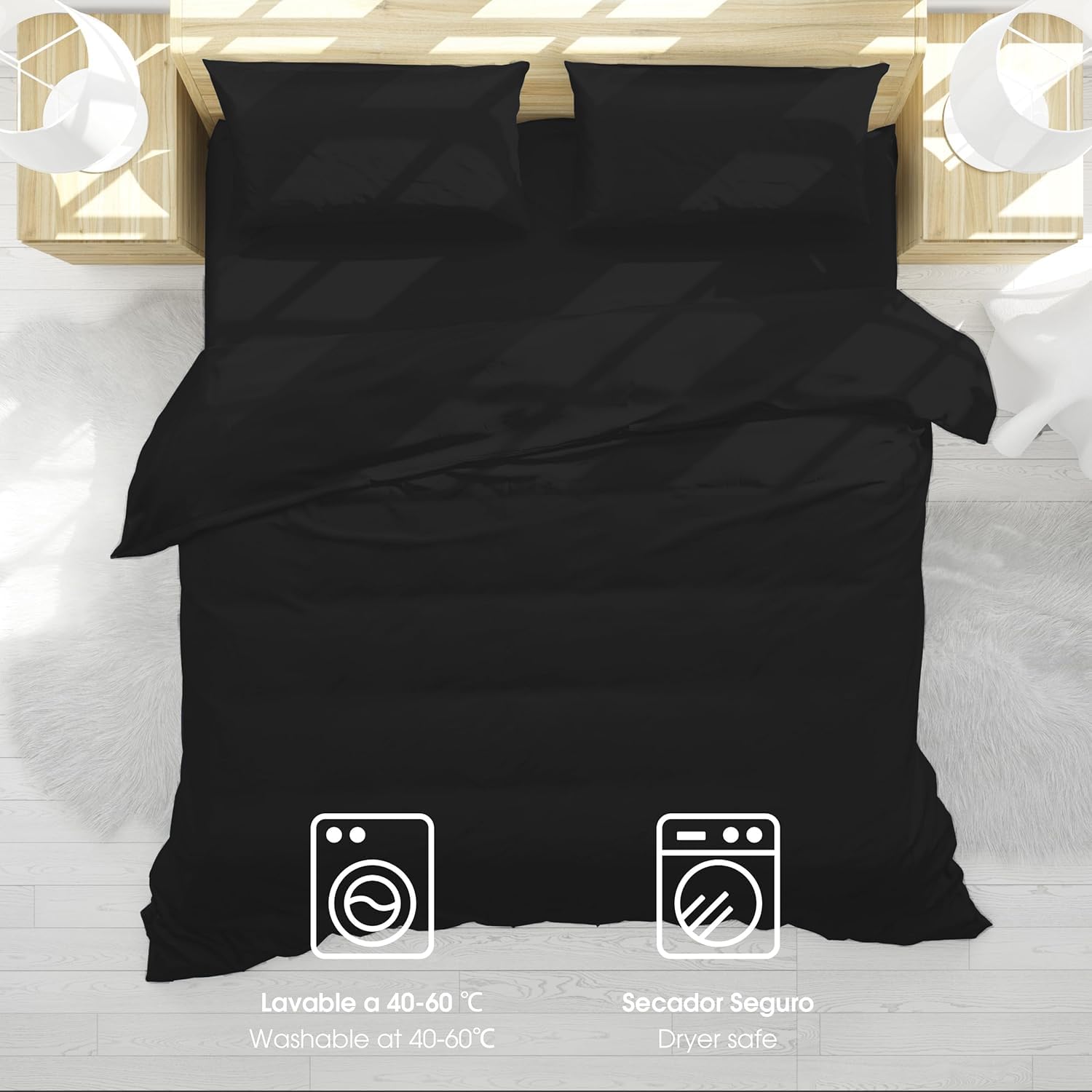Juego de Funda Nordica de 4 Piezas para Cama 150 de Microfibra Suave - Funda Nórdica 220x240cm, Bajera Ajustable 150x200+25cm y con 2 Funda de Almohada 50x75cm - Negro