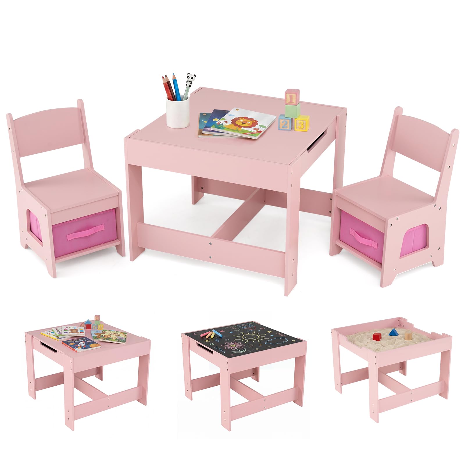 Maxmass 3PCS Kids Table and Chair Set, Wooden Toddler Play Table with Removable Double Side Tabletop, Storage Boxes, Children Activity Desk Set for Eating Drawing Reading Learning (Light Pink)