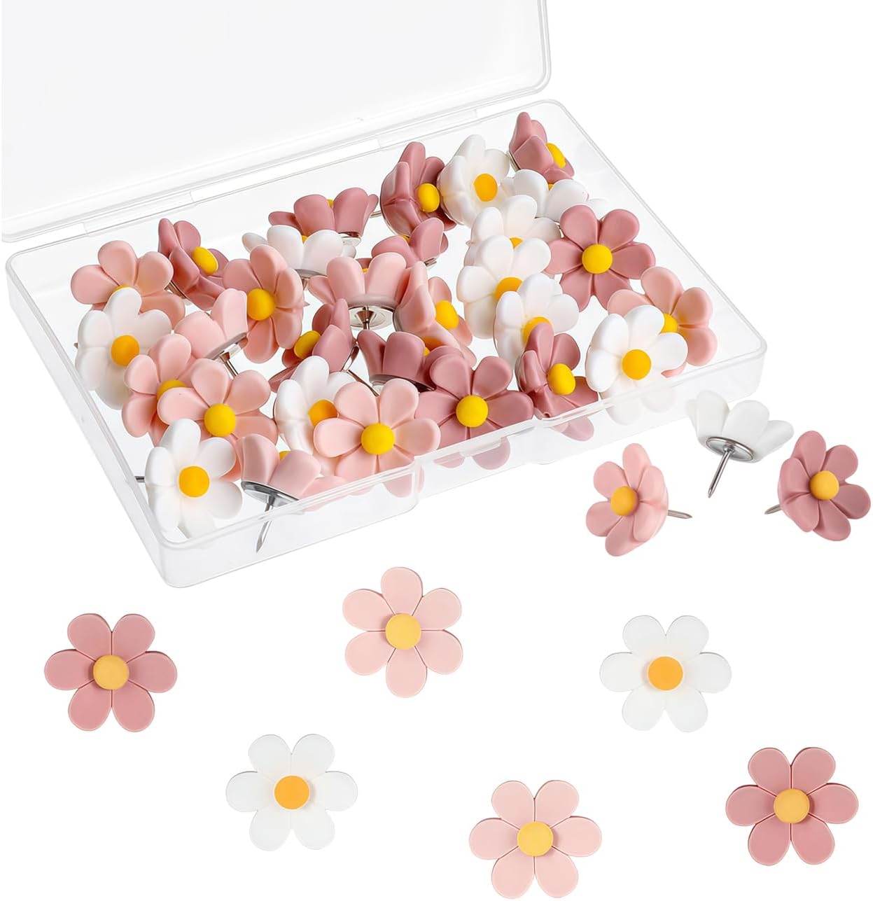 30pcs Push Tacks Flower Pink White 3 Colors Cute Flower Push Pins Decorative Push Pins Fashion No Residue for Office Study Crafts Fixing Push Pins Cork Board Bulletin Board Paper Map Photo Wall with Storage Case
