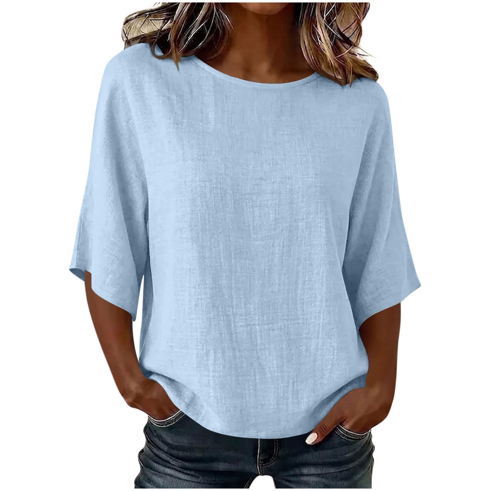 T-Shirt Femme Manche 3/4 Haut Chic Élégant Tunique Ample Fluide Couleur Unie Blouse Décontractée Coupe Droite en Maille Légère pour Look Quotidien Casual