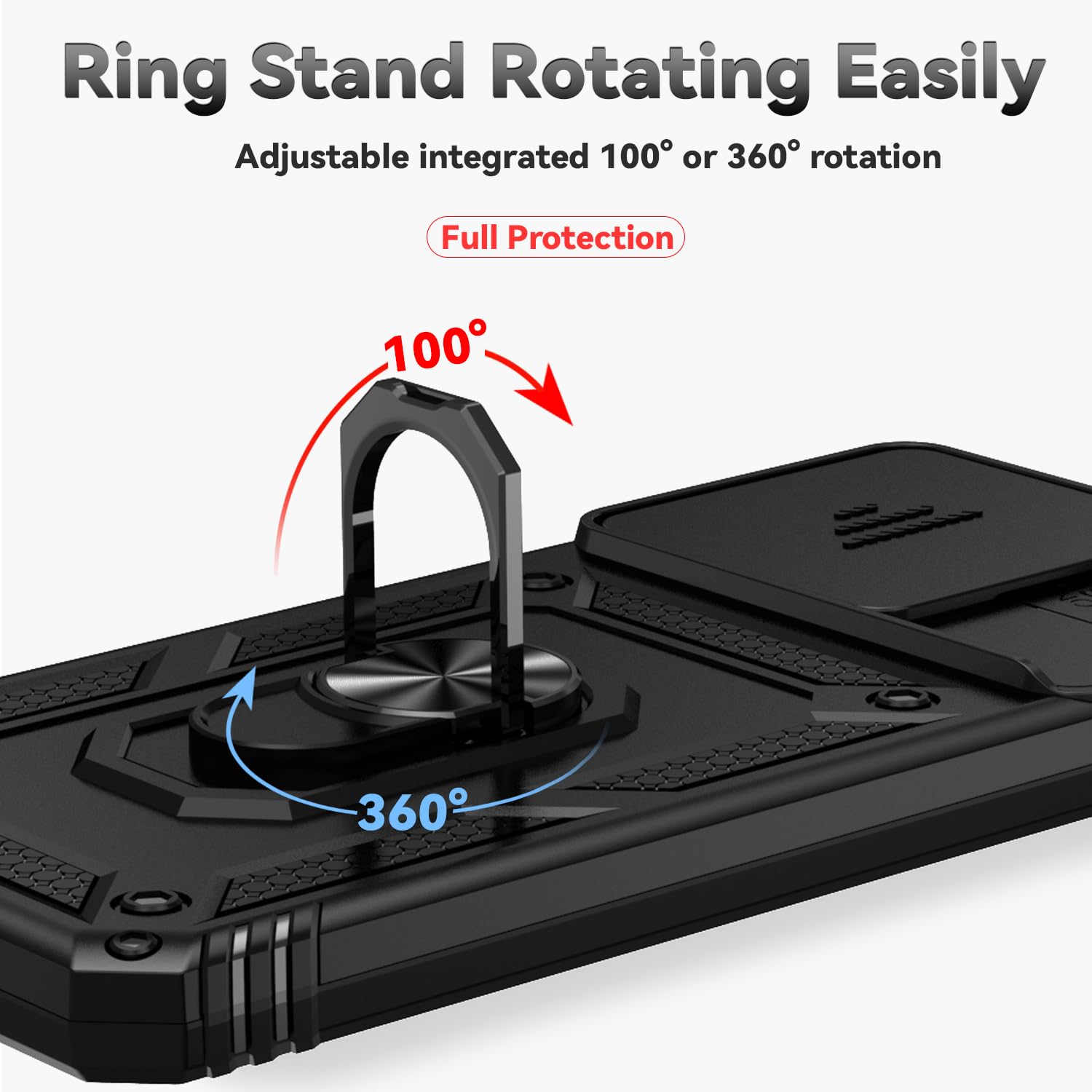 Jiyu Funda Compatible con Xiaomi Redmi 13C/ Poco C65 Carcasă Armor Militar Cubierta de Cámara Deslizante Proteger Fundas con 360 Full Protección Anillo Soporte Silicona Estuche Cover Case,Negro — view 8