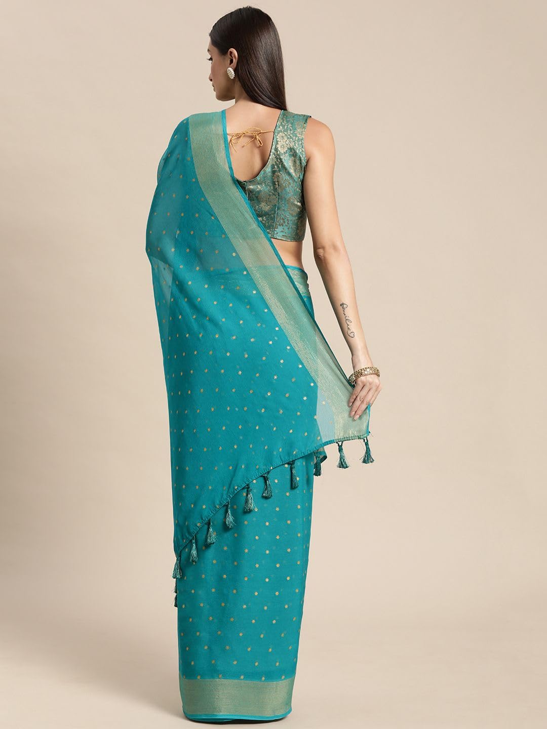 Zari 194422 Zari-Sari aus reinem Chiffon, Blau und Goldfarben, blau, One size