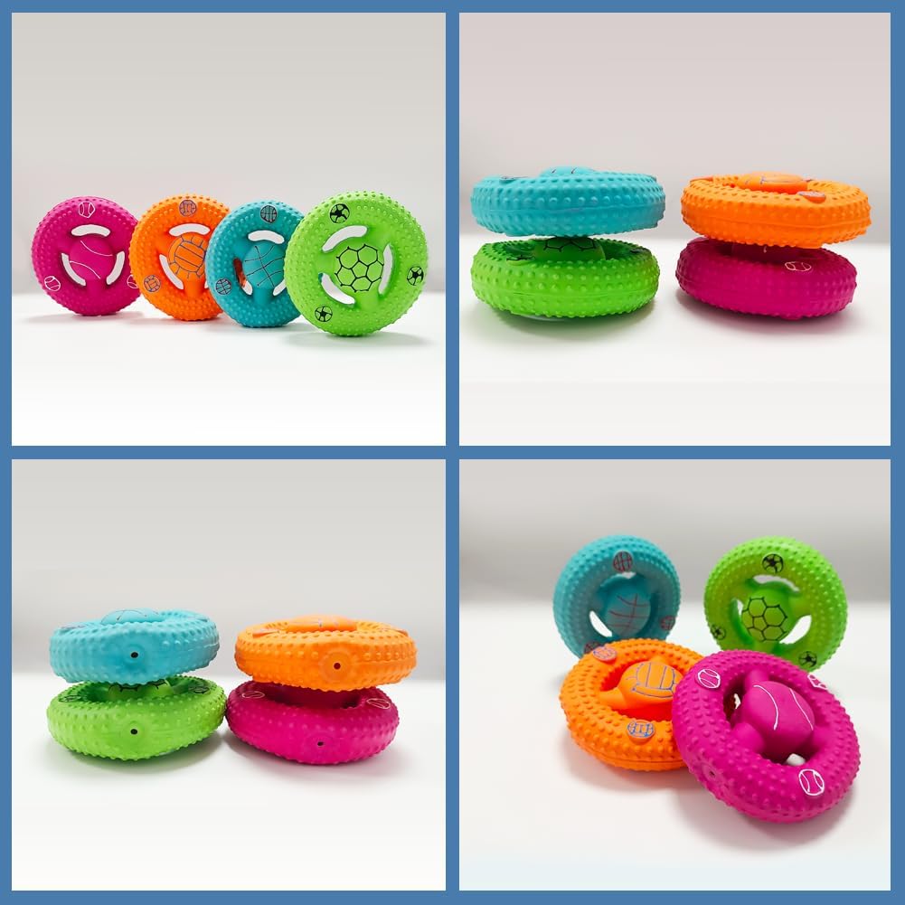 4-Pack Steering Wheel Squeaky Dog Toys – Sport-Printed Latex Squeaky Toys for Small to Medium Dogs