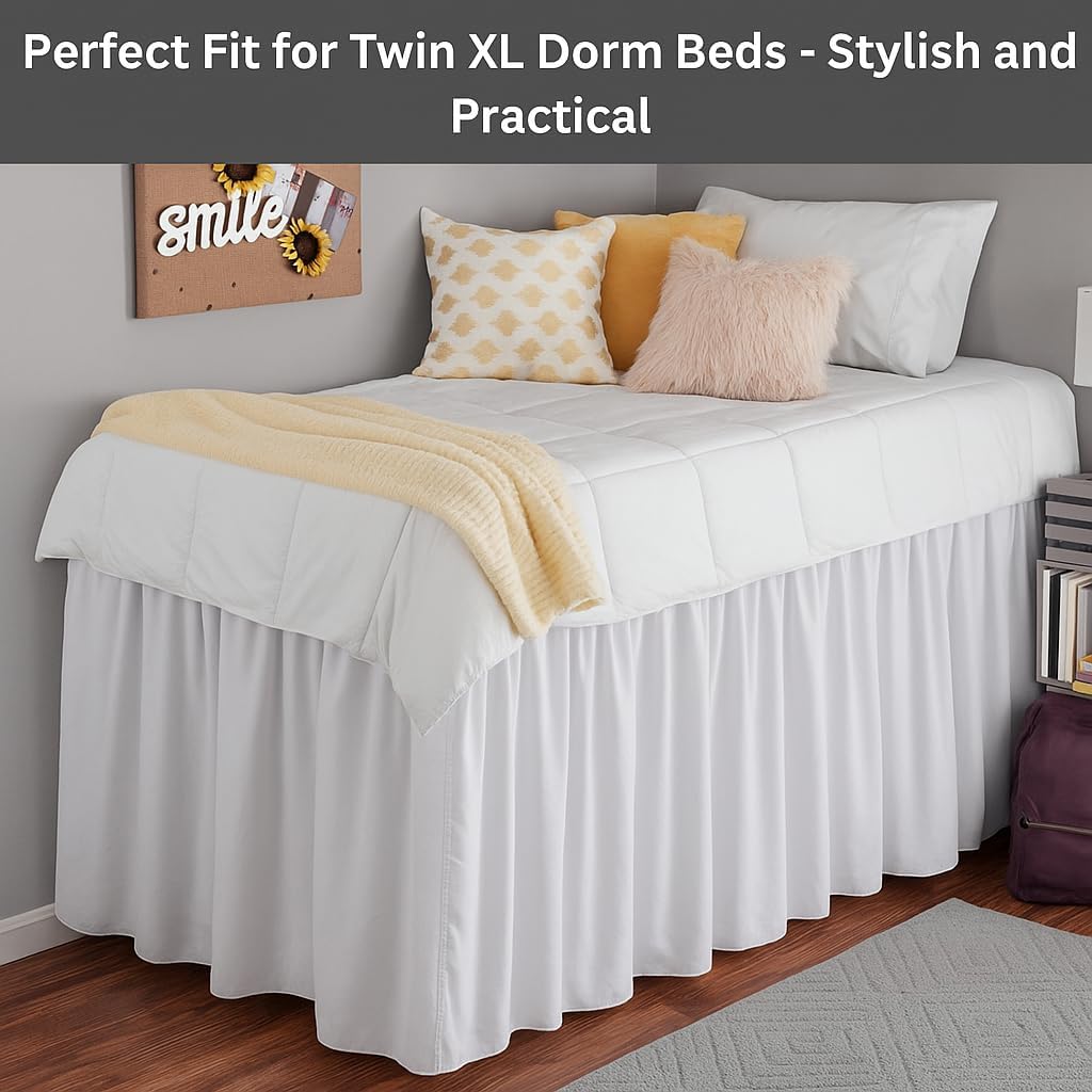 Dorm Bed Skirt Full XL 42 Inch Drop College Dorm Room Essentials Bed Skirt 100% Microfiber Extra Long Ruffle BedSkirt with Split Corner White Solid