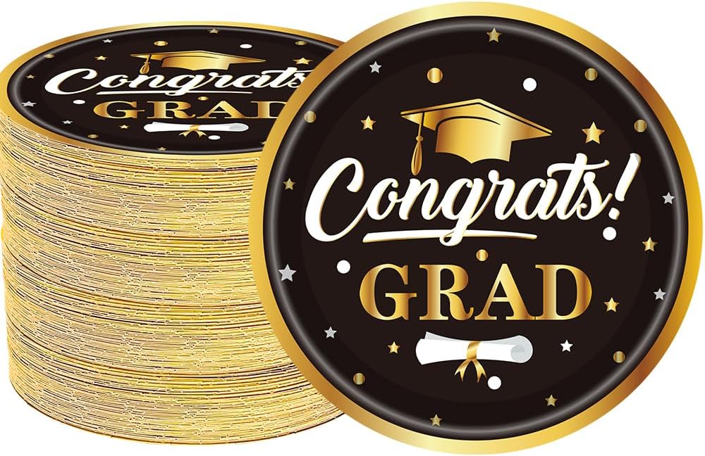 50Pcs White & Gold Graduation Party Supplies 2025,White and Gold Party Plates 7"Graduation Party Plates for Glitter Congrats School College Kindergarten High Graduation Party Decorations (White)