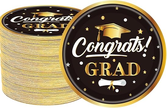 50Pcs Gold Graduation Party Supplies 2025,Black and Gold Party Plates 7" Graduation Party Plates for Glitter Congrats School College Kindergarten High Graduation Party Decorations Black