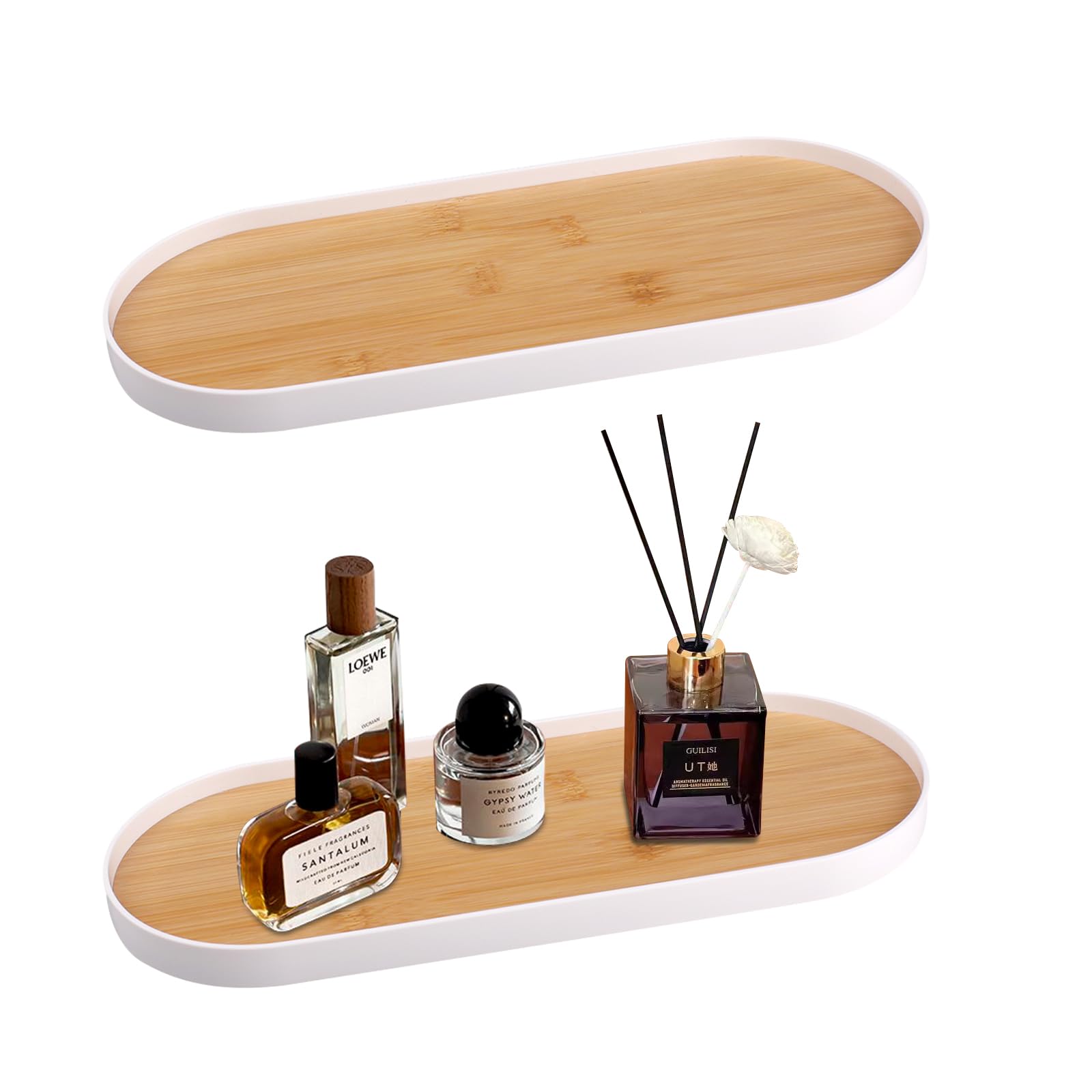 2 Piezas Bandeja Decorativa, 30 x 12 cm Bandeja de Baño de Madera Extra Grande, Bandeja de Ovalada para Velas, Postre, Café, Bañera, Cosméticos, Joyas, Perfumes (Blanco)