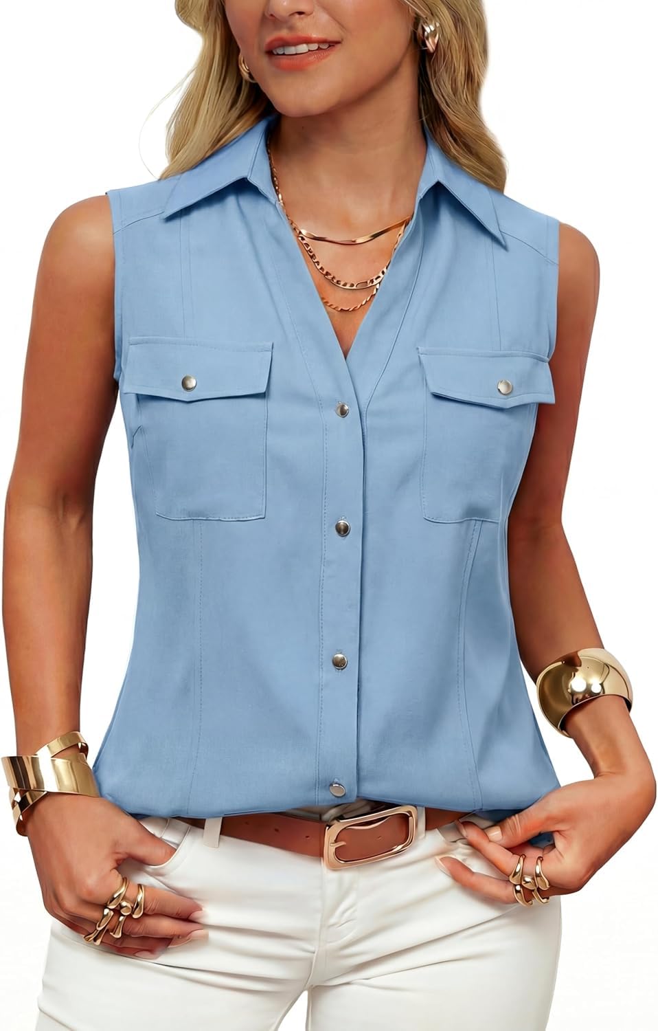 GRACE KARIN Chemise boutonnée sans manches pour femme, col à revers, col en V, chemisier décontracté pour l'été, le bureau, le travail