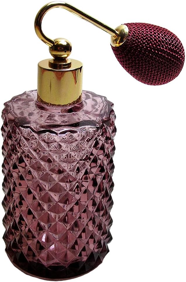 Refillable perfume atomizer empty bottle for perfume and cologne with burgundy (Wine) squeeze bulb spray mounting.